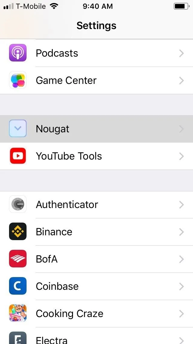 Settings menu of a mobile device showcasing various app options.