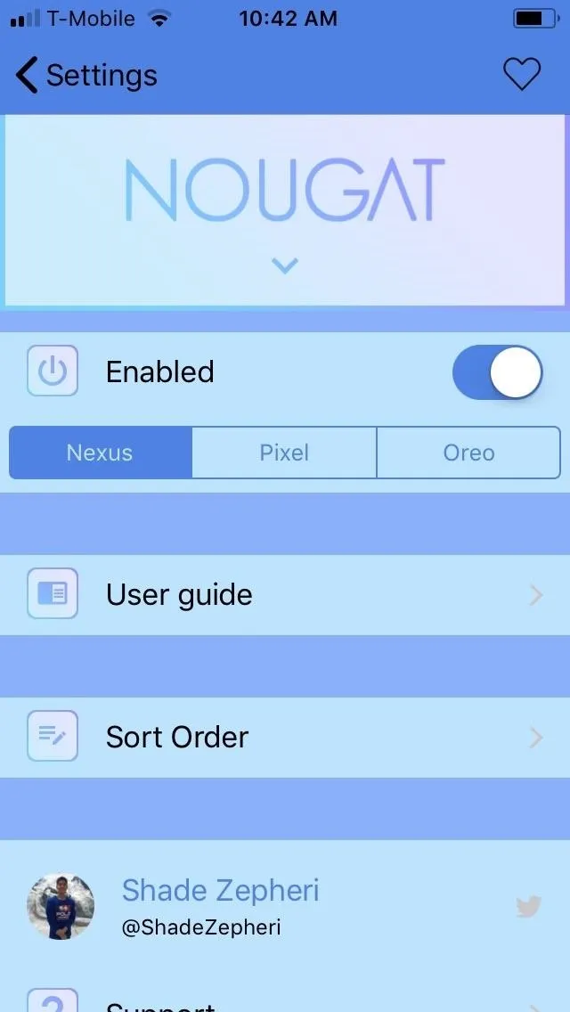 Settings screen for Nougat with options to enable features, view user guide, and sort order.