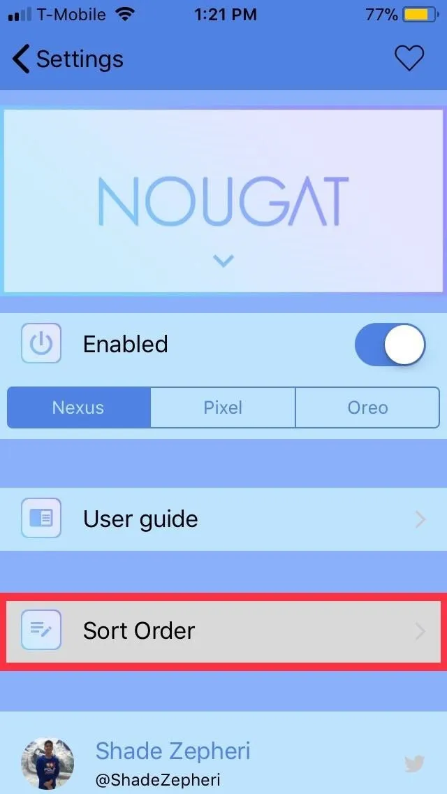 Settings page for a mobile app, featuring options for "Enabled," "User guide," and "Sort Order," with the title "NOUGAT" at the top.