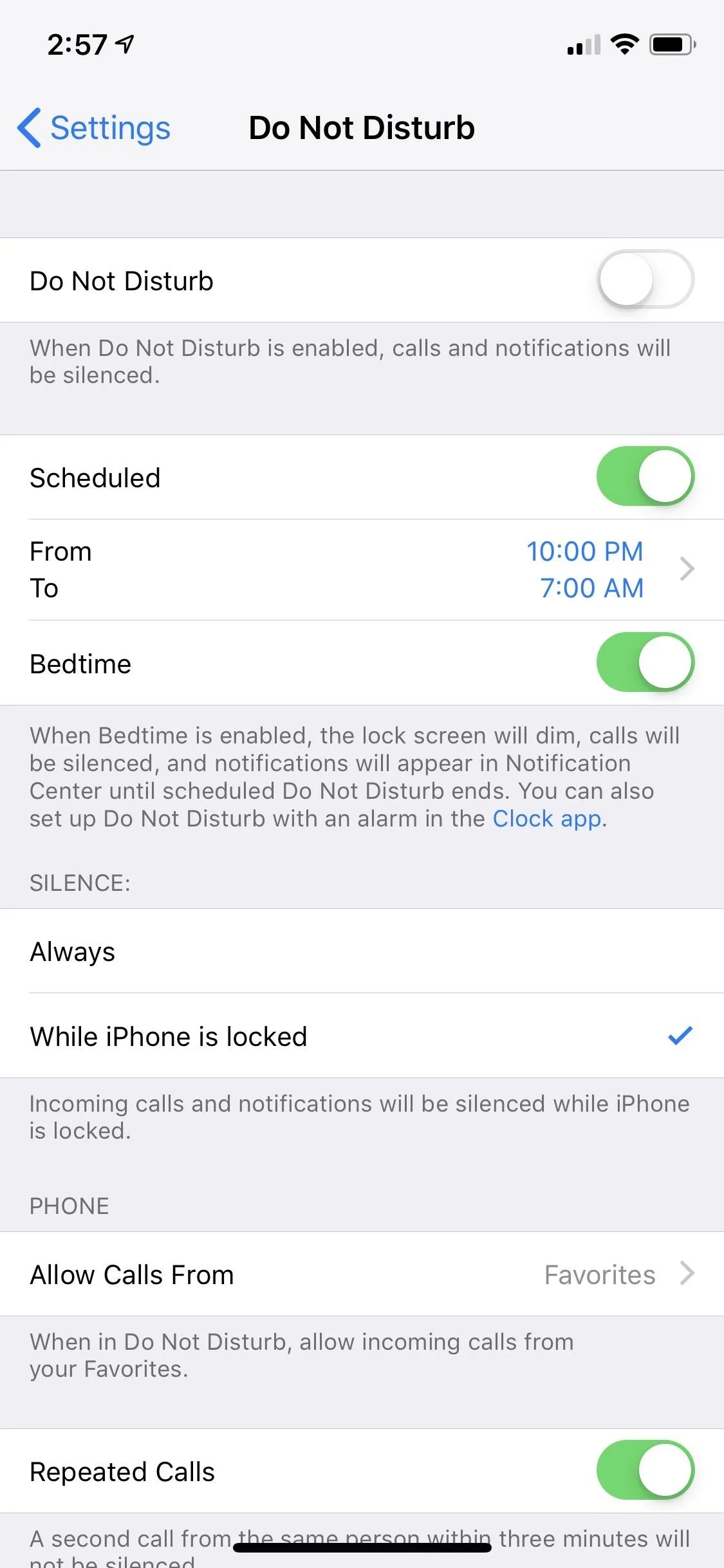 Do Not Disturb settings on a mobile device.