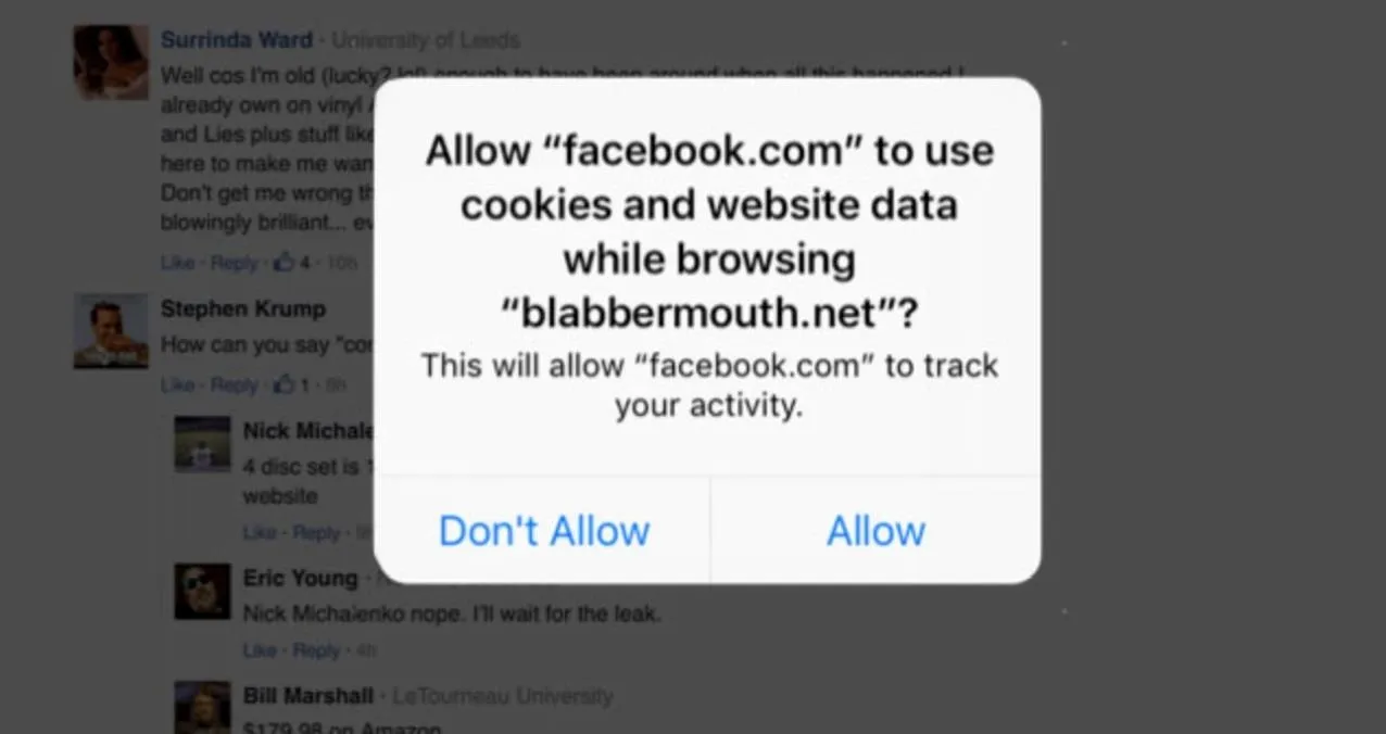 Popup prompt asking for cookie and tracking permission for Facebook while browsing Blabbermouth.net.