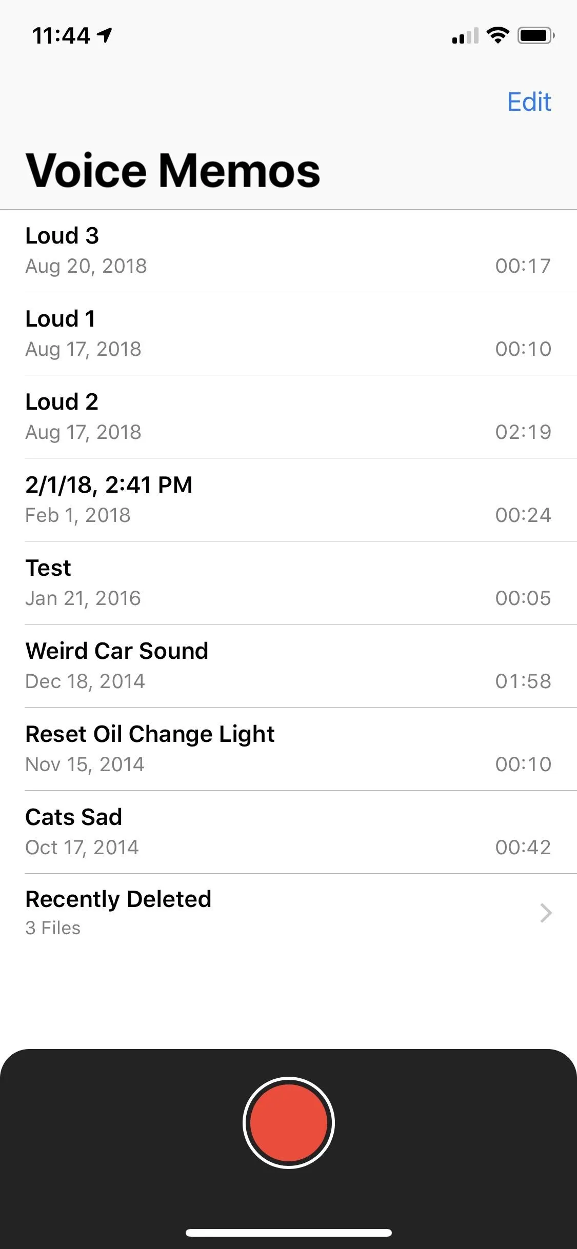 Voice memo app interface displaying a list of recorded memos with timestamps.