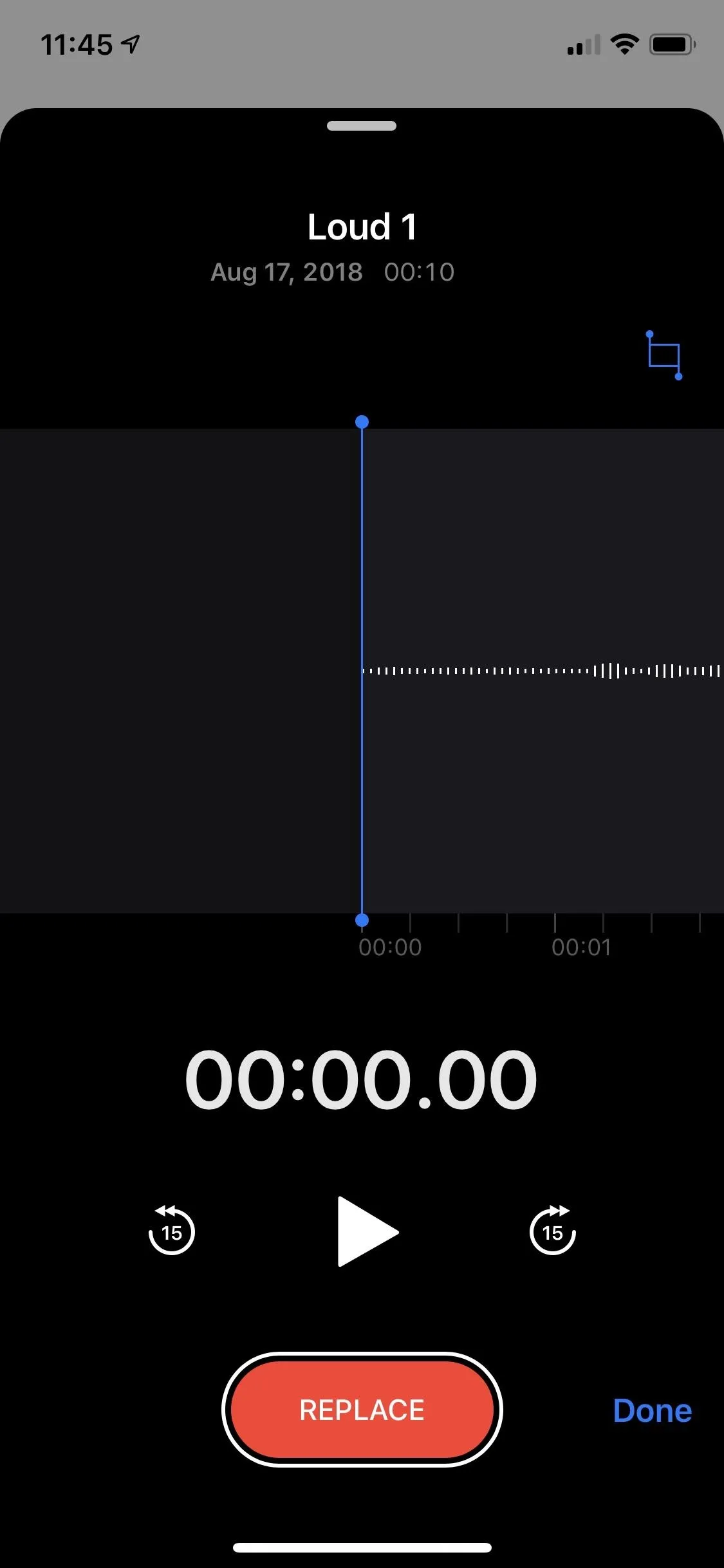 Voice recording app interface displaying a recording timeline and playback controls.