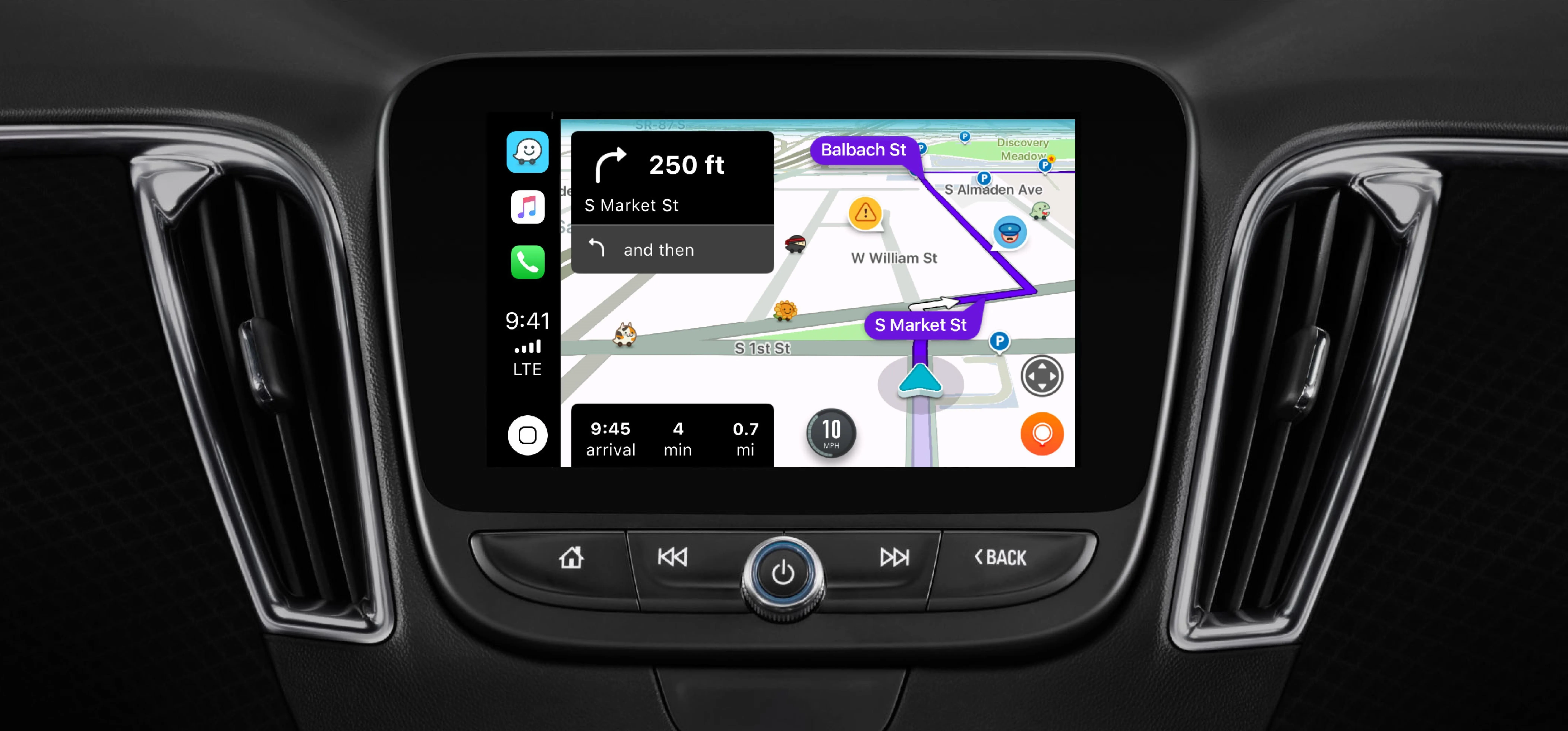 Navigation system display in a vehicle showing a map with directions.