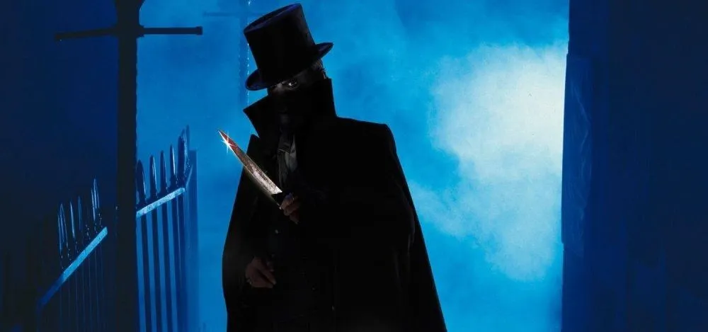 Mysterious figure in a top hat and cloak holding a weapon, shrouded in smoke.