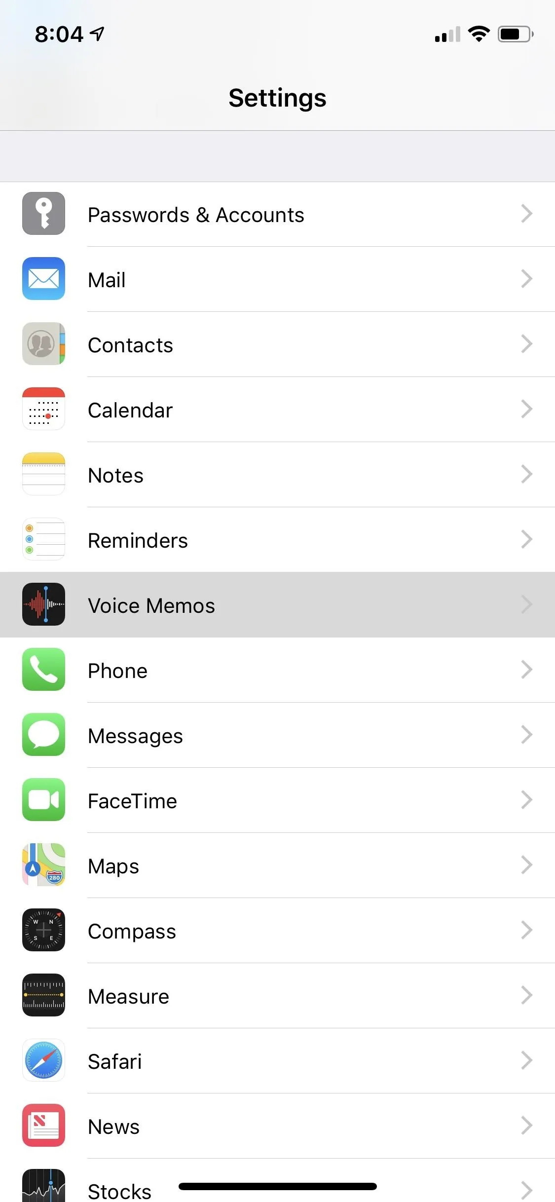 Settings menu on a smartphone displaying various app options.