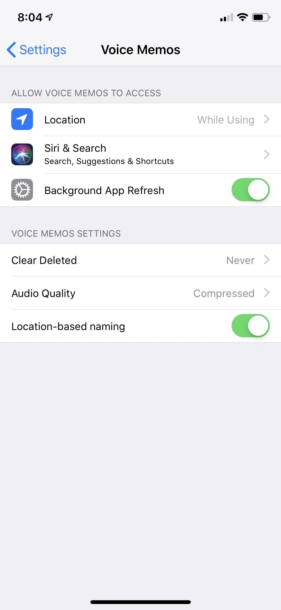 Settings menu showing location and background app refresh options on a mobile device.