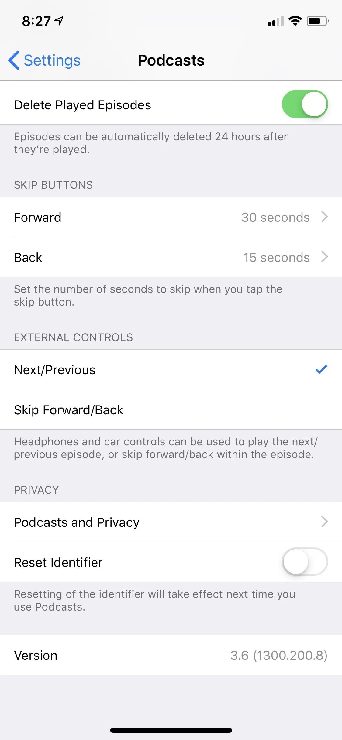 Podcast settings on a mobile device.