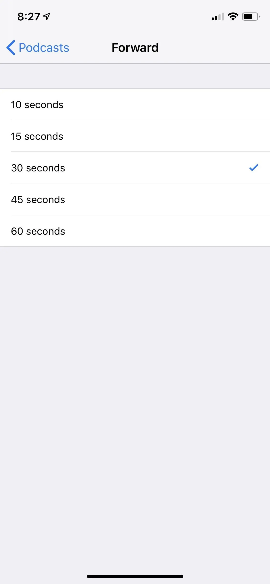 Settings menu displaying time interval options: 15 seconds, 30 seconds, 45 seconds, 60 seconds.