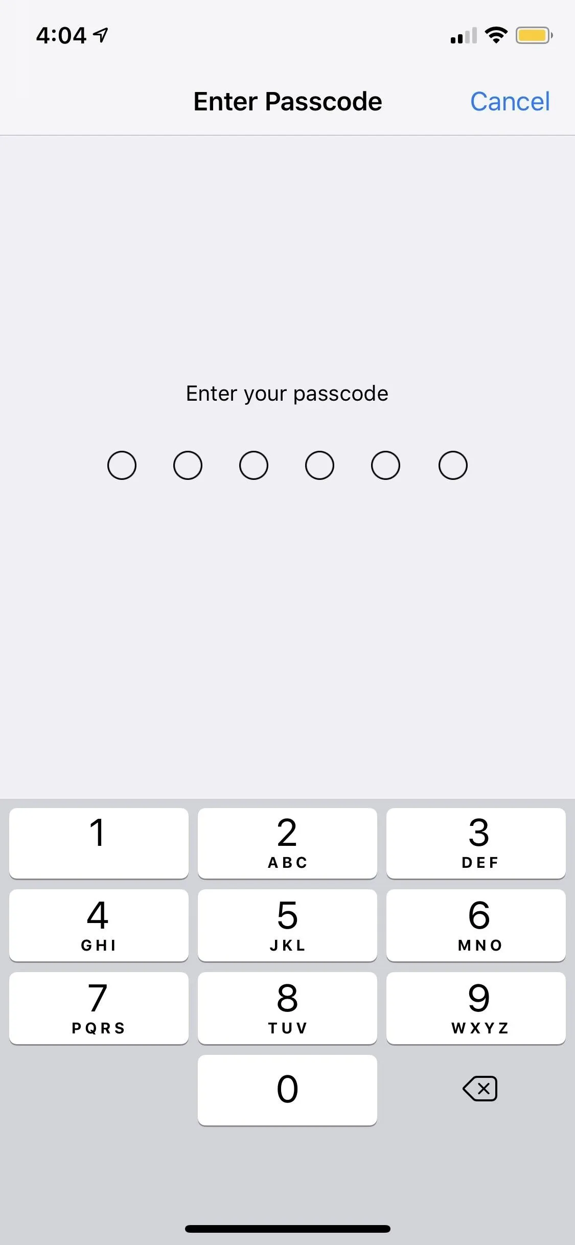 Enter passcode screen on a mobile device.