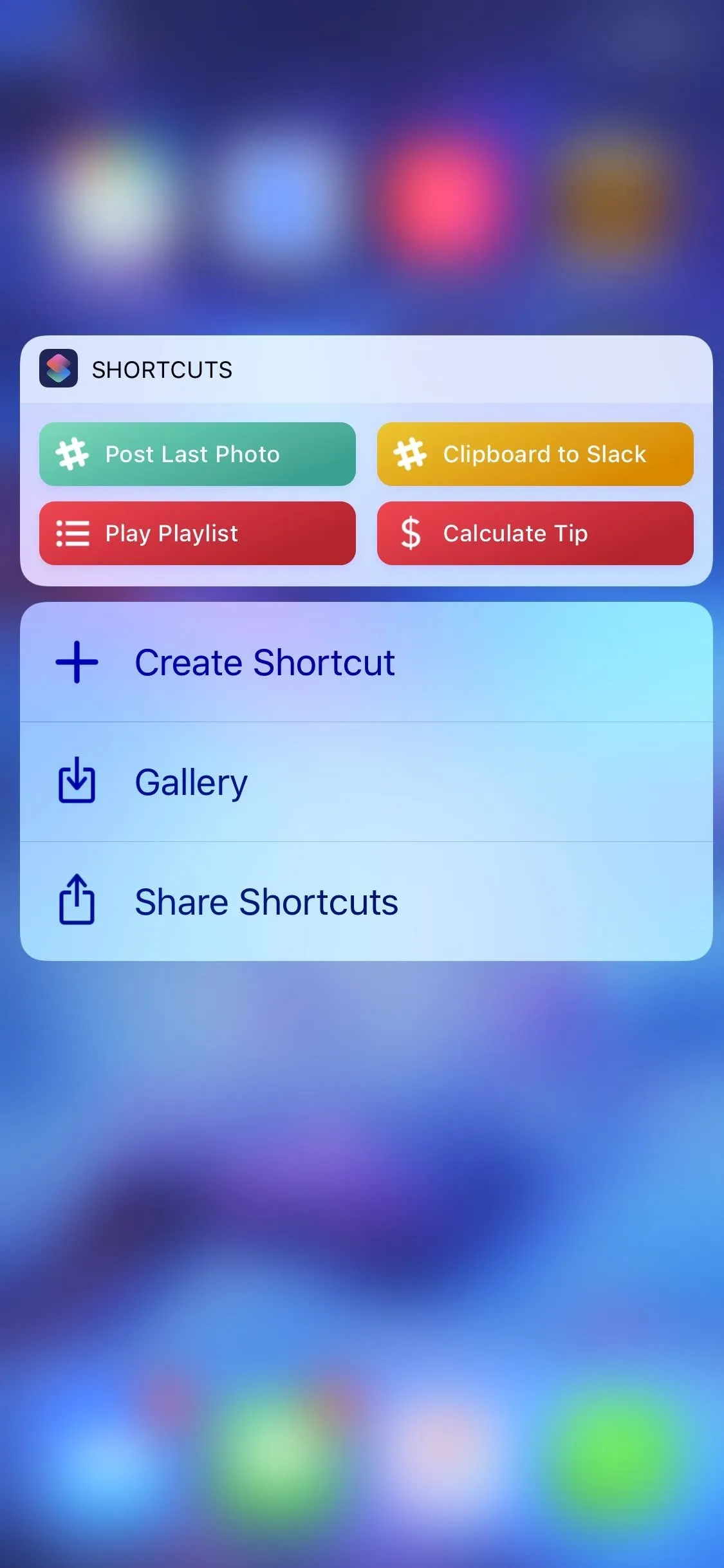 Smartphone interface displaying app shortcuts and options.