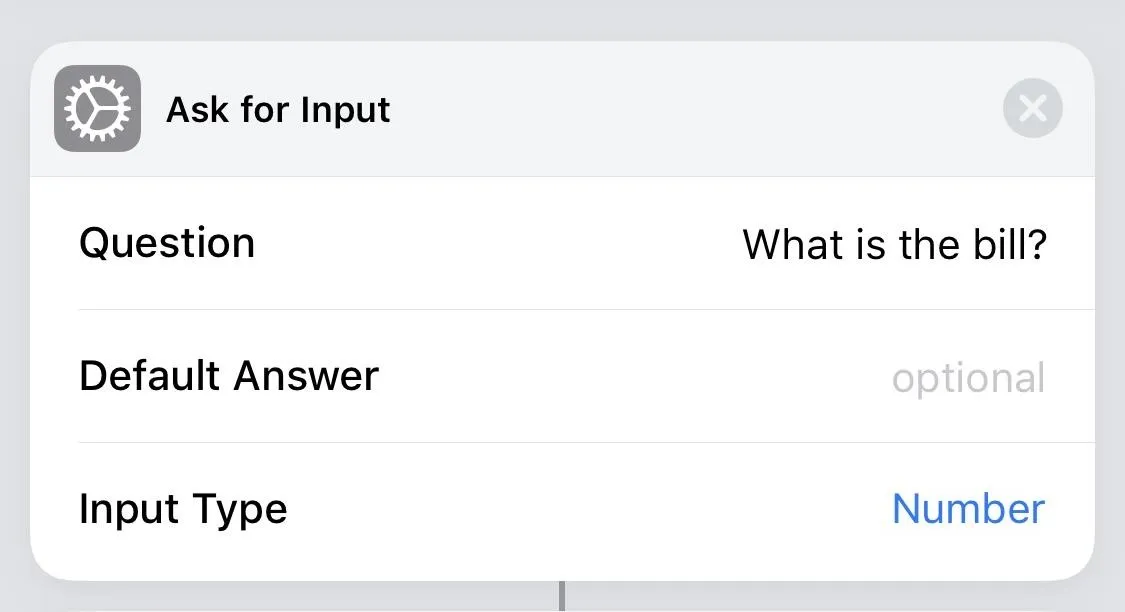 User interface for inputting a numeric bill amount with a prompt question.