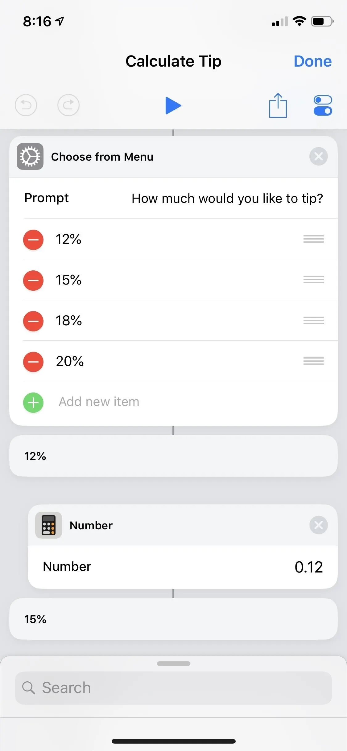 Tip calculator interface displaying options for selecting tip percentage and total amount.