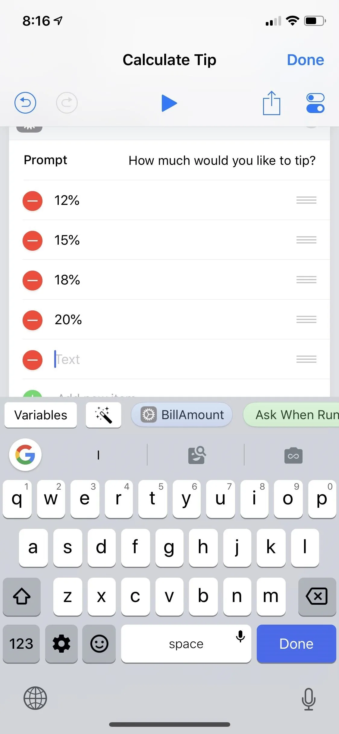 Calculator tip application on a smartphone screen showing percentage options for tip calculation.