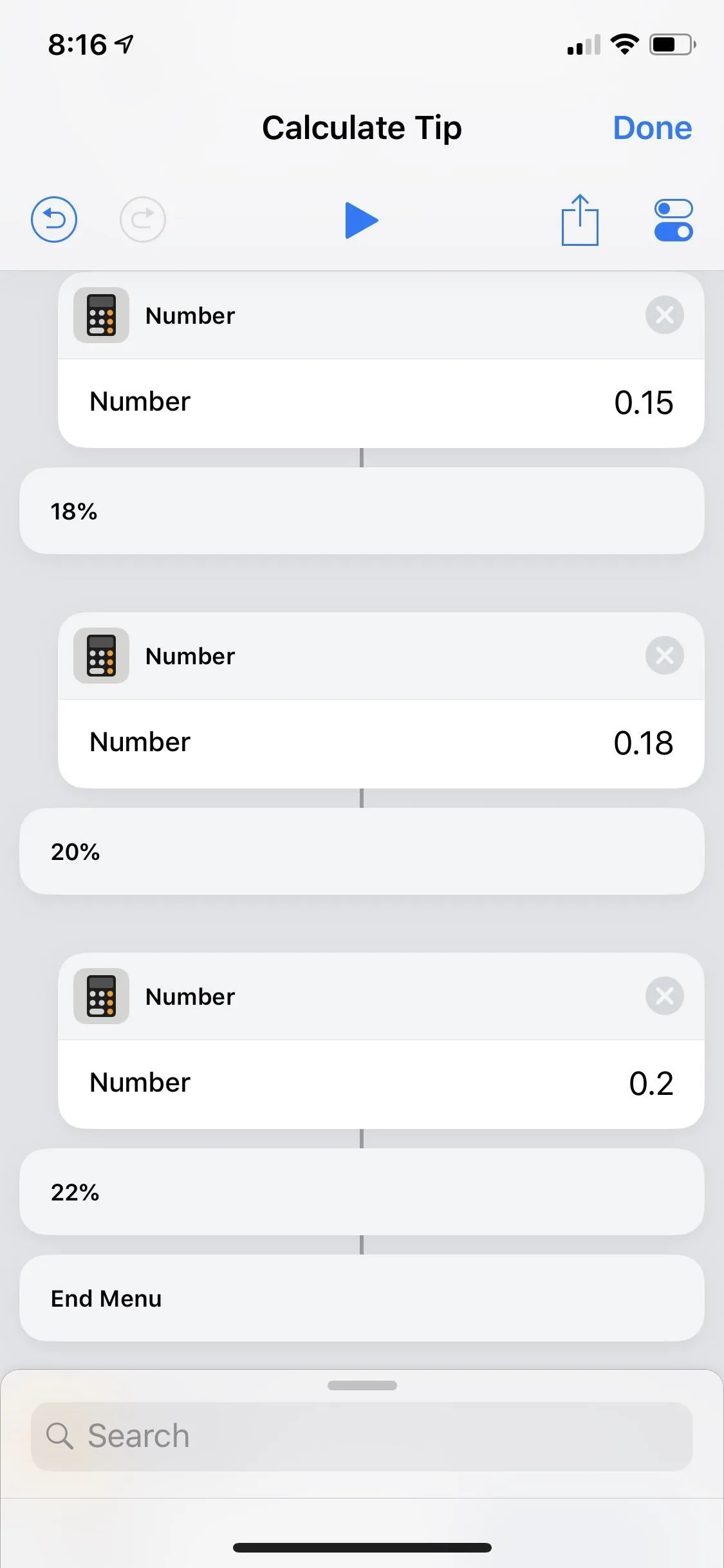 Calculator app interface displaying tip calculation options.