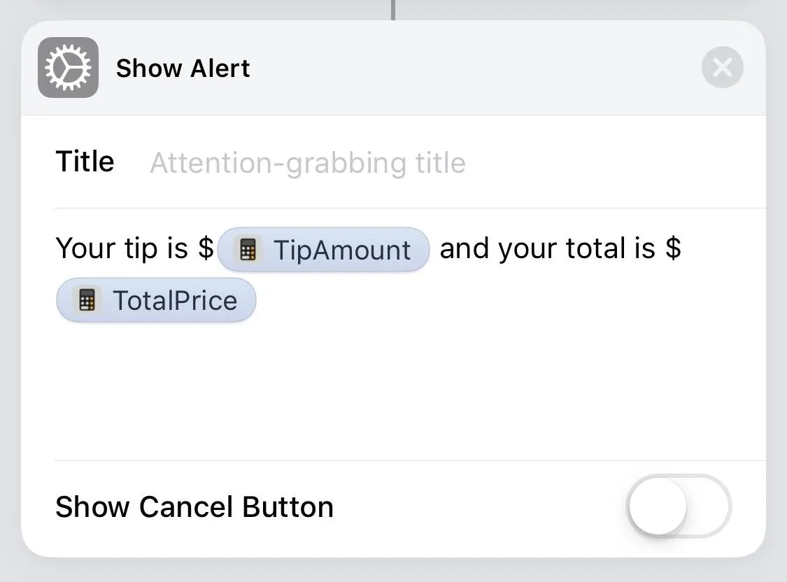 Alert notification showing tip and total price information.