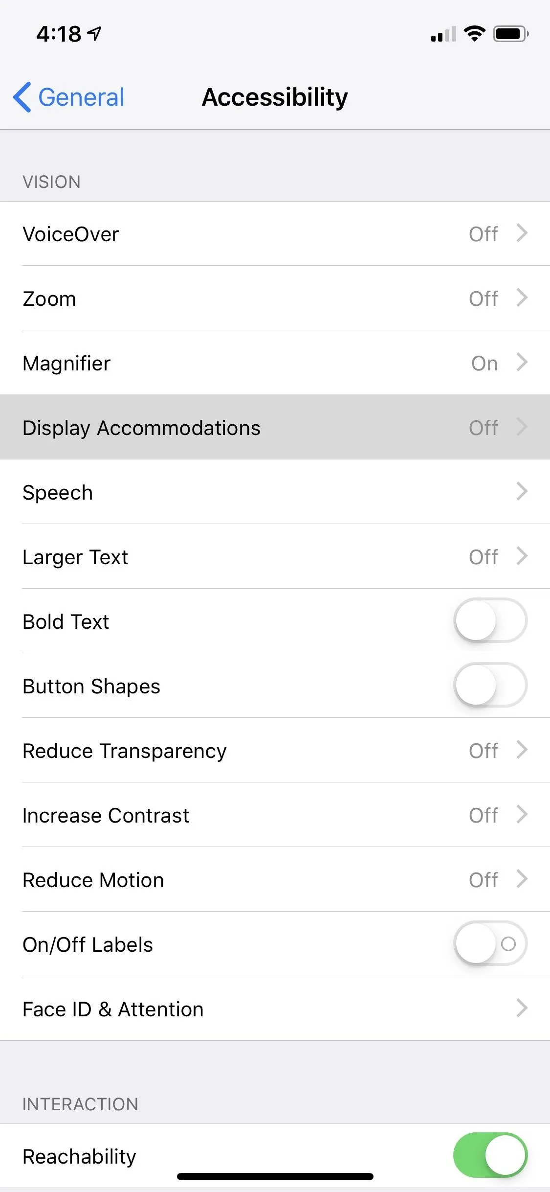 Settings menu for Accessibility options on a mobile device.