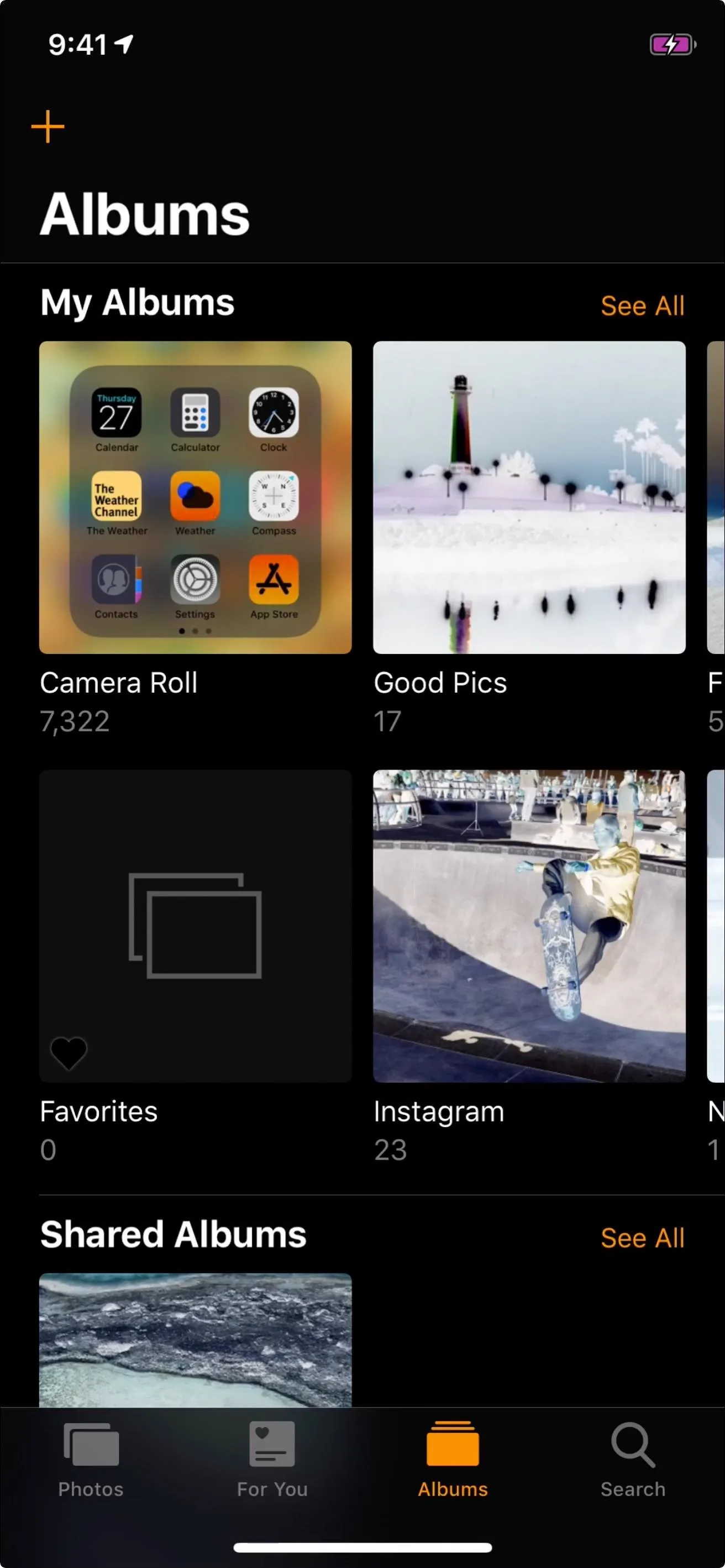 Album interface showing various photo albums on a mobile device.