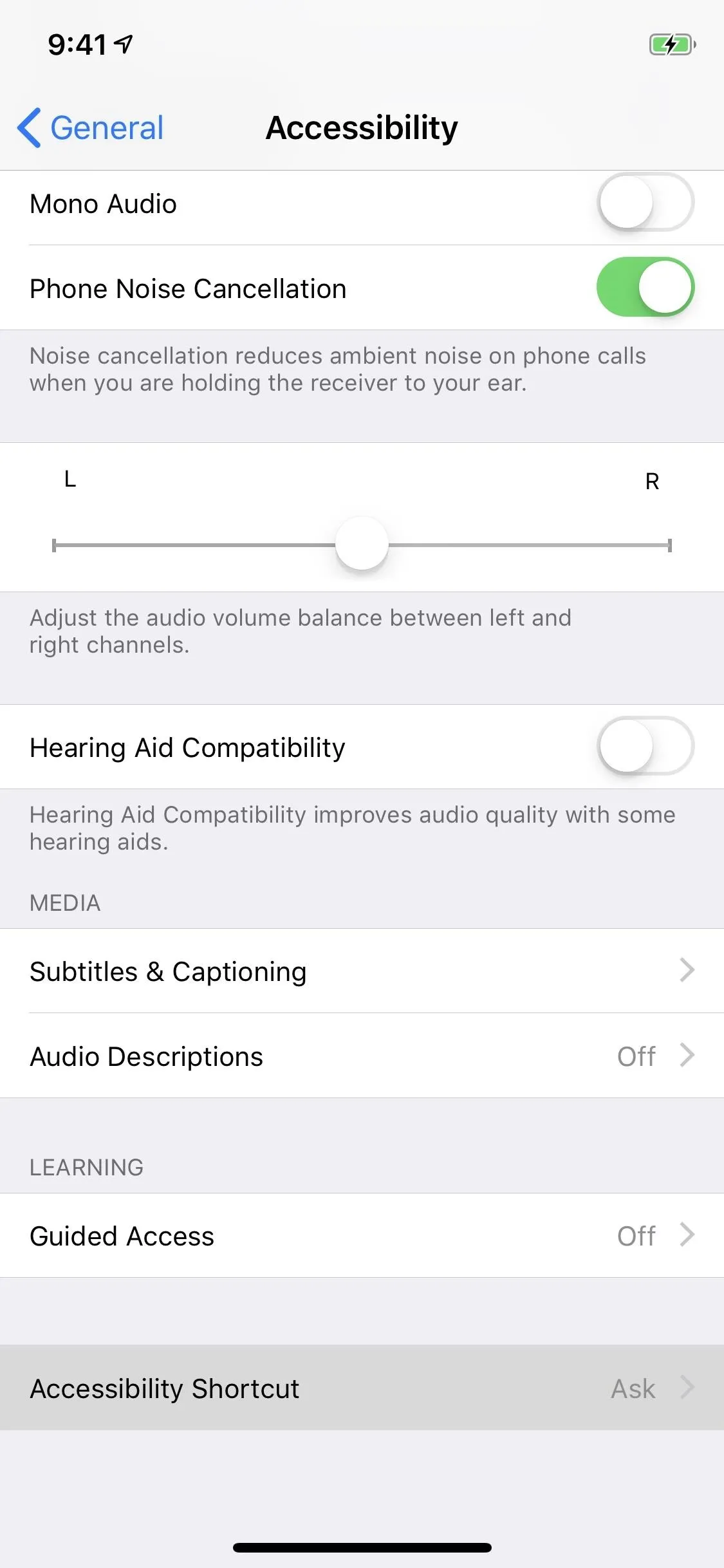 Accessibility settings interface on a mobile device.