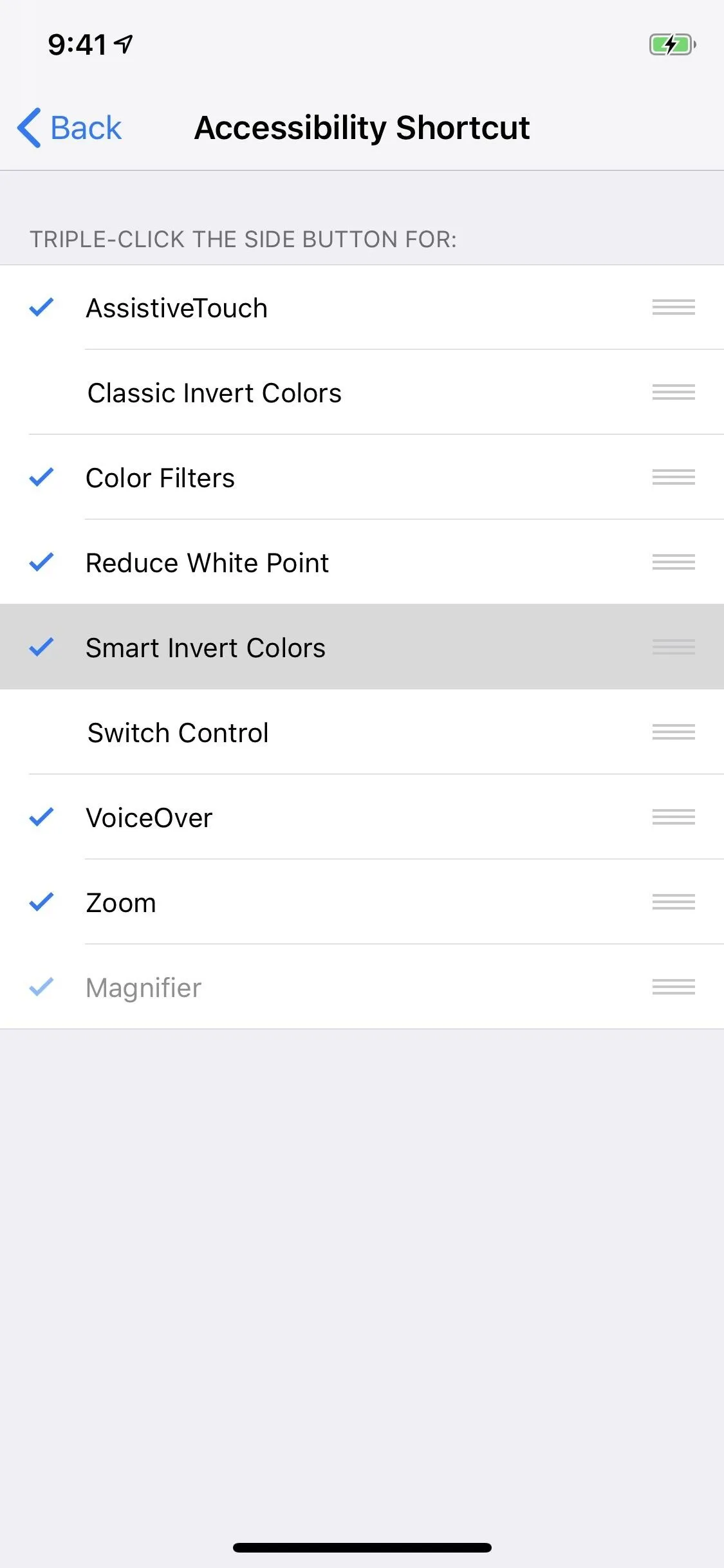 Accessibility settings menu on a mobile device.