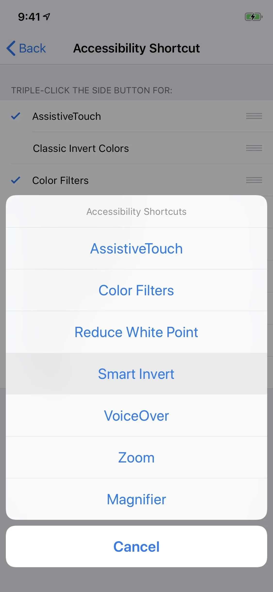 Accessibility settings menu on a mobile device