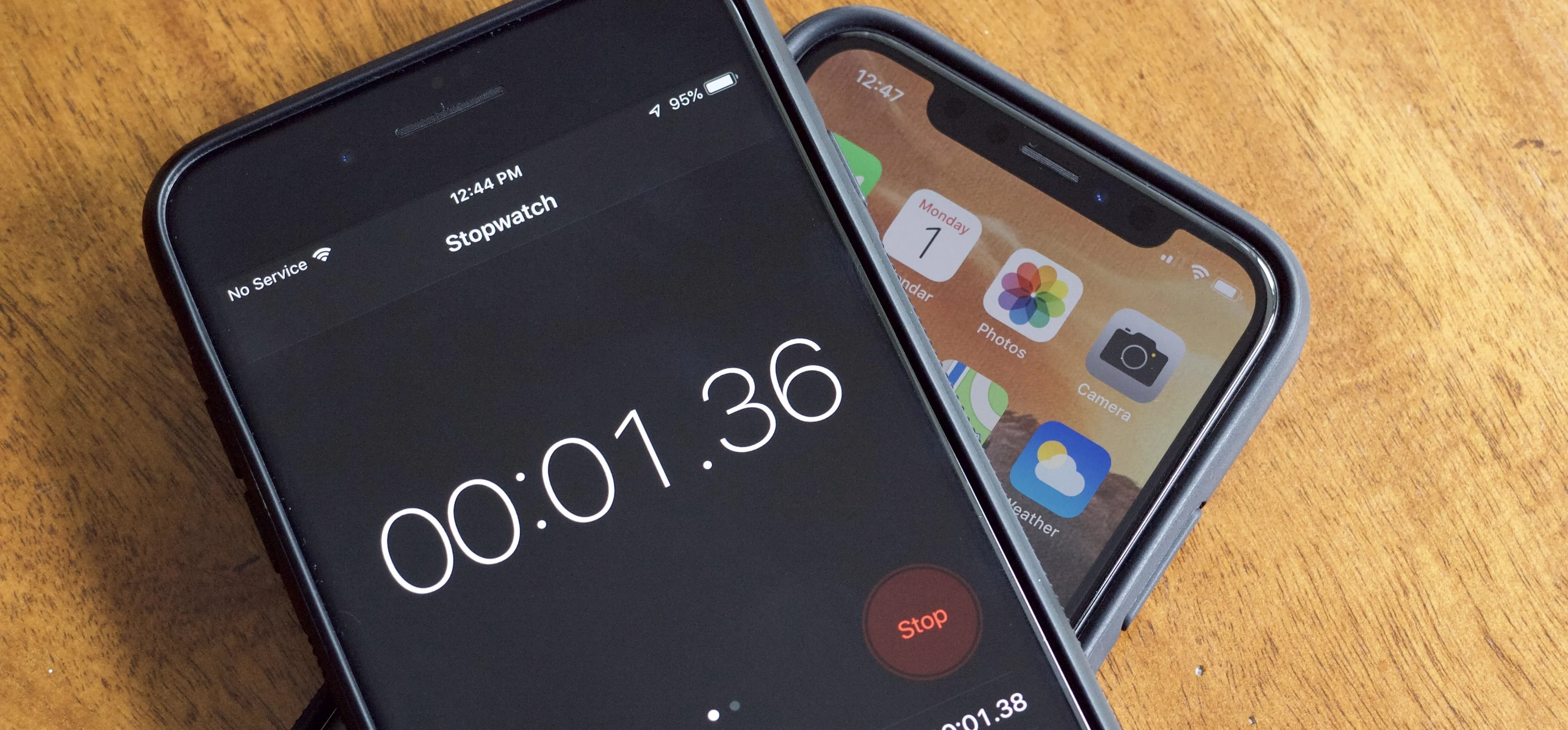 Stopwatch displaying 1 second and 36 milliseconds on a smartphone.