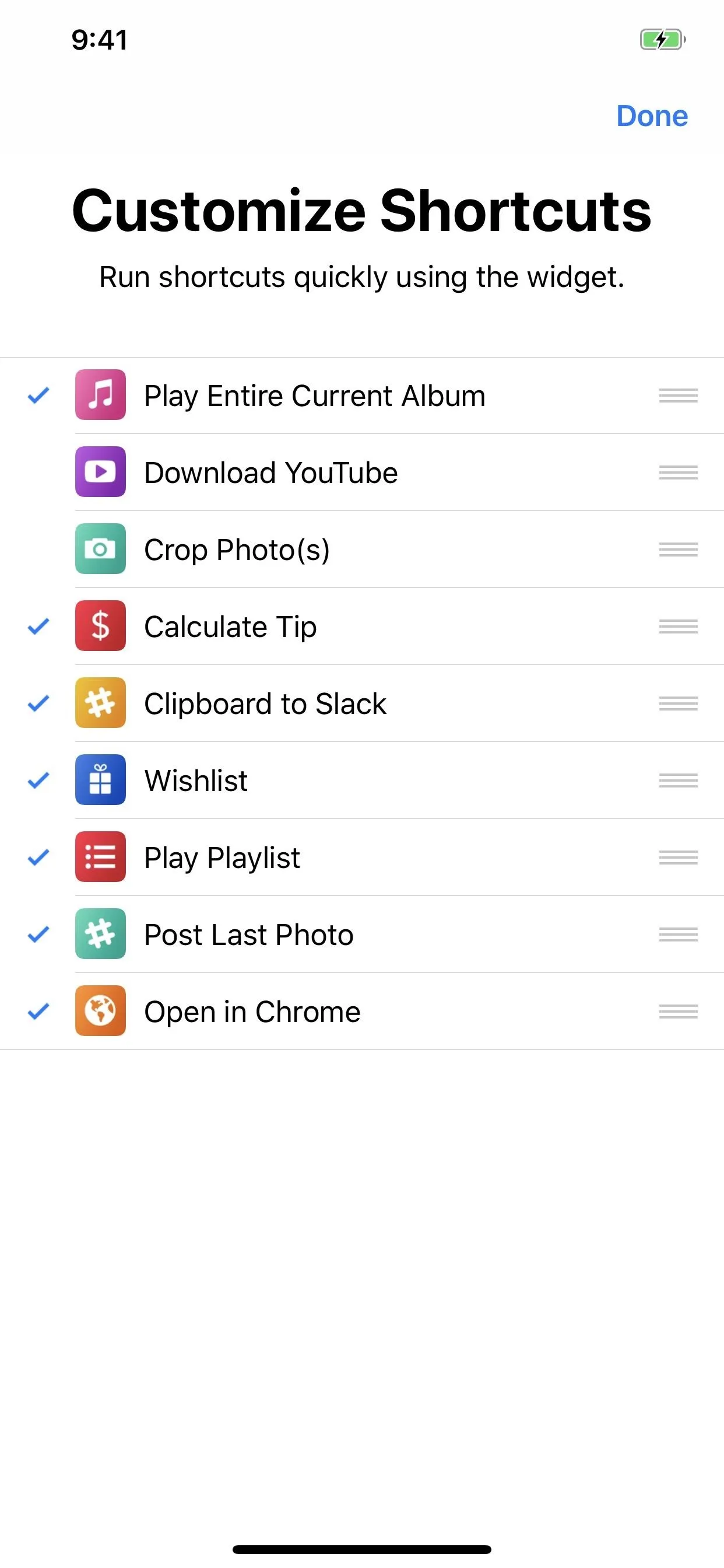 Customize shortcuts menu with various app options.