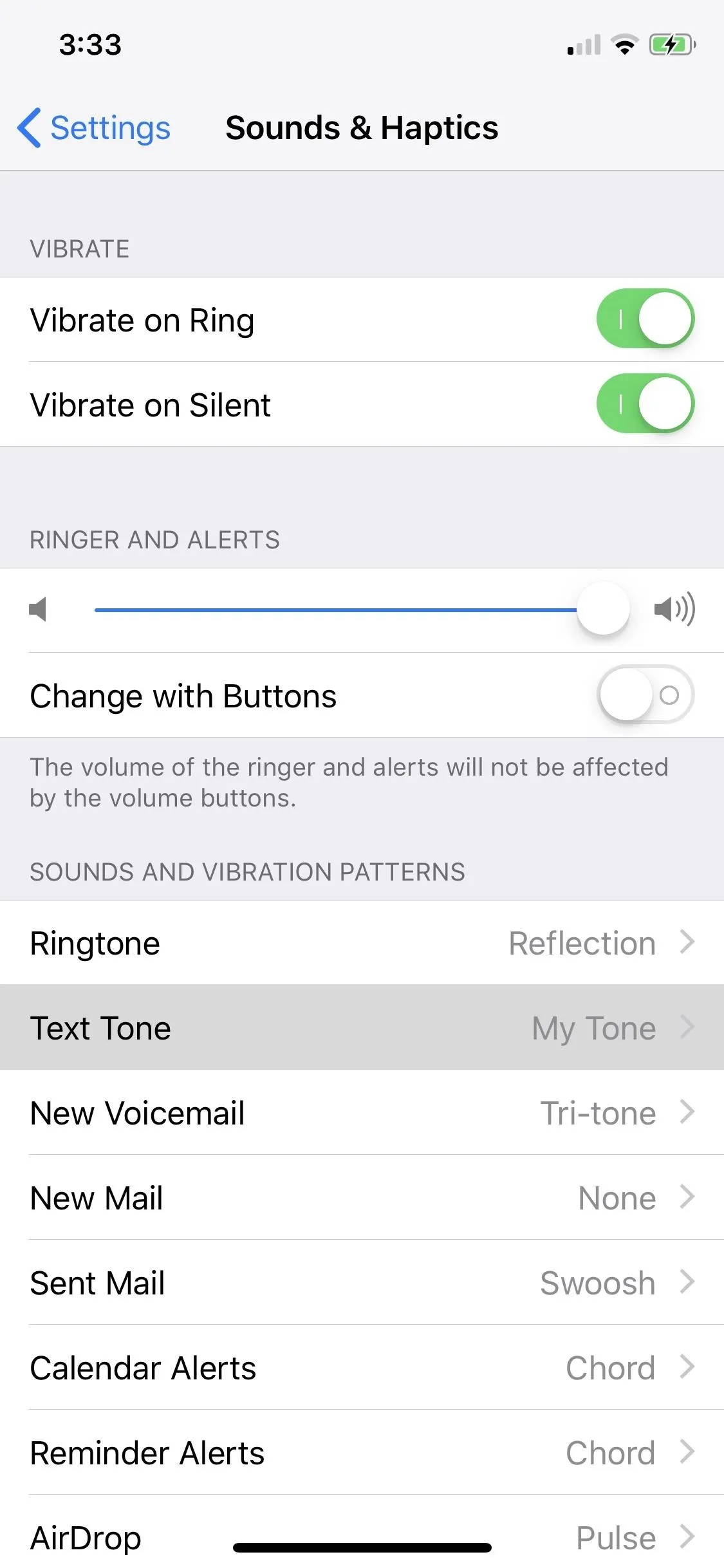 Settings screen showing sound and vibration options on a mobile device.