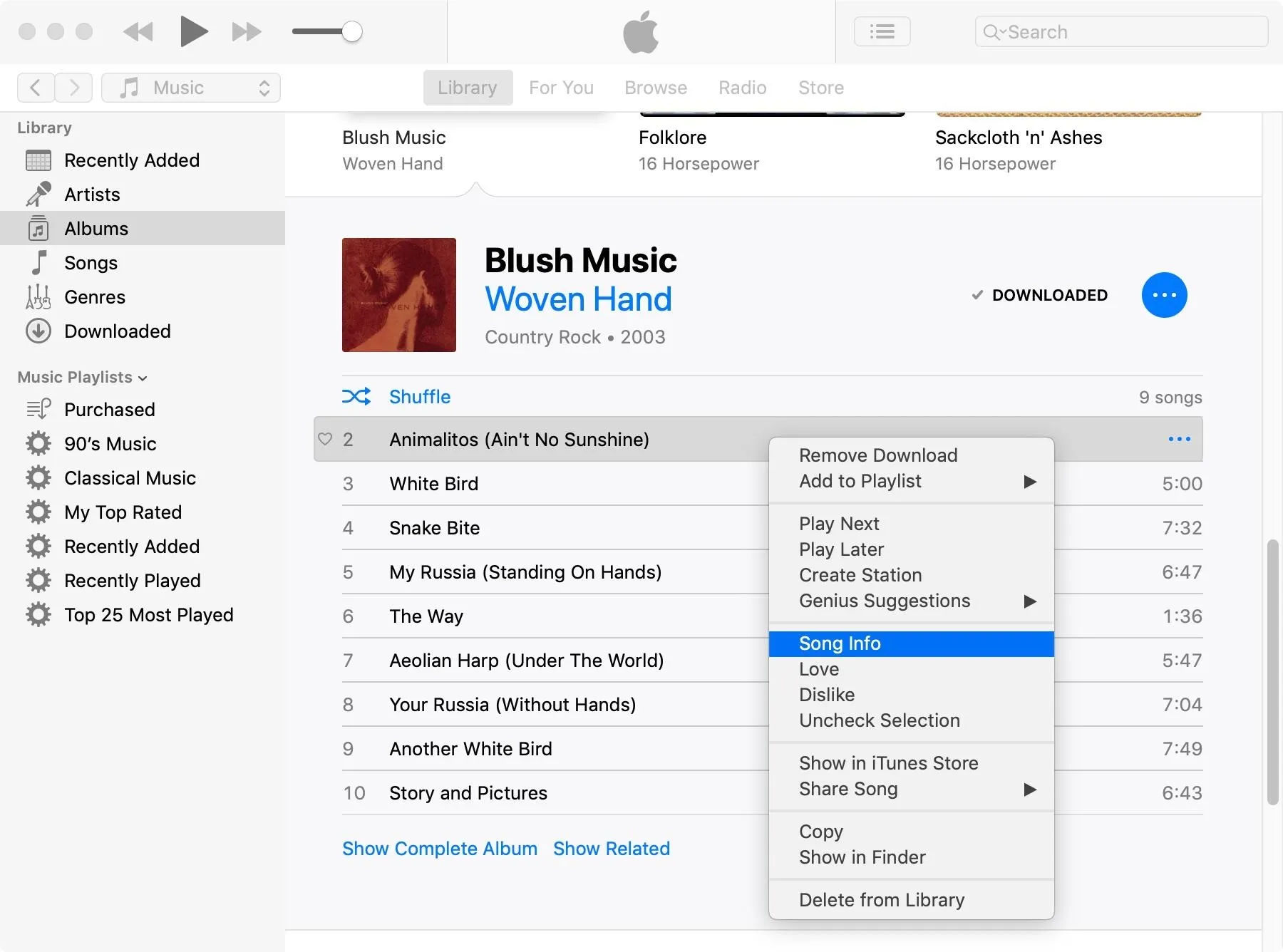 iTunes music library interface displaying a song options menu.