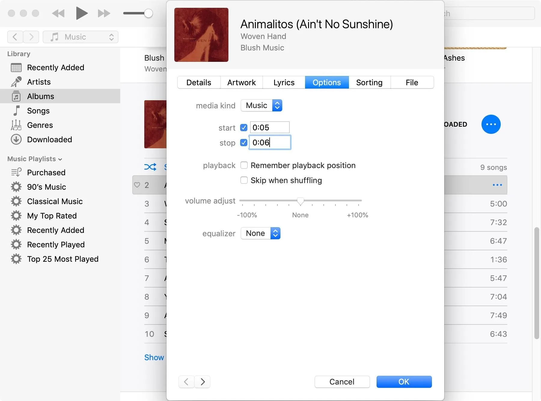 Album information screen for "Animations (Ain't No Sunshine)" by Black Moss, including track details and settings.