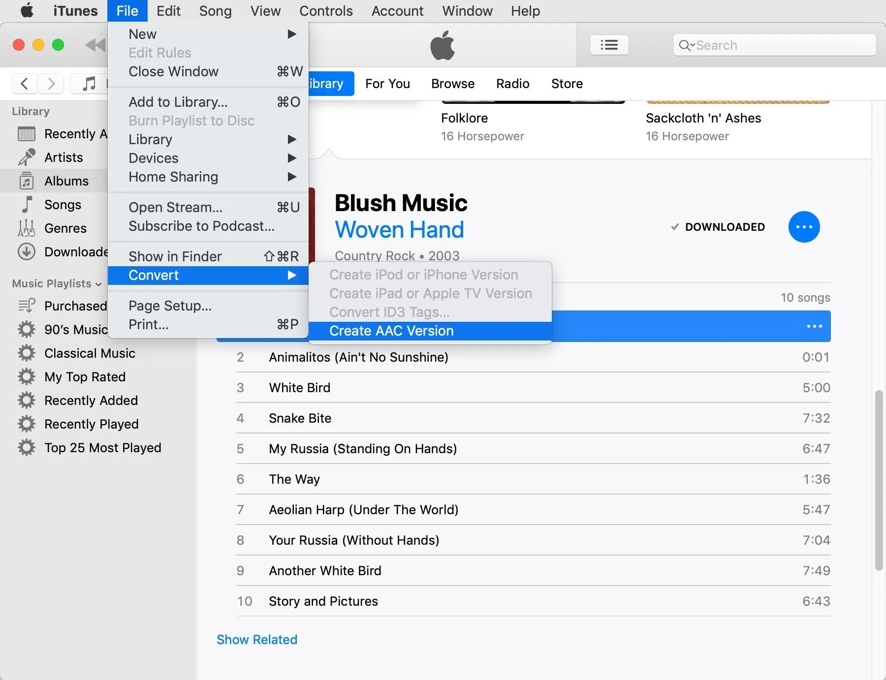 iTunes interface showing the Blush Music playlist with options menu.