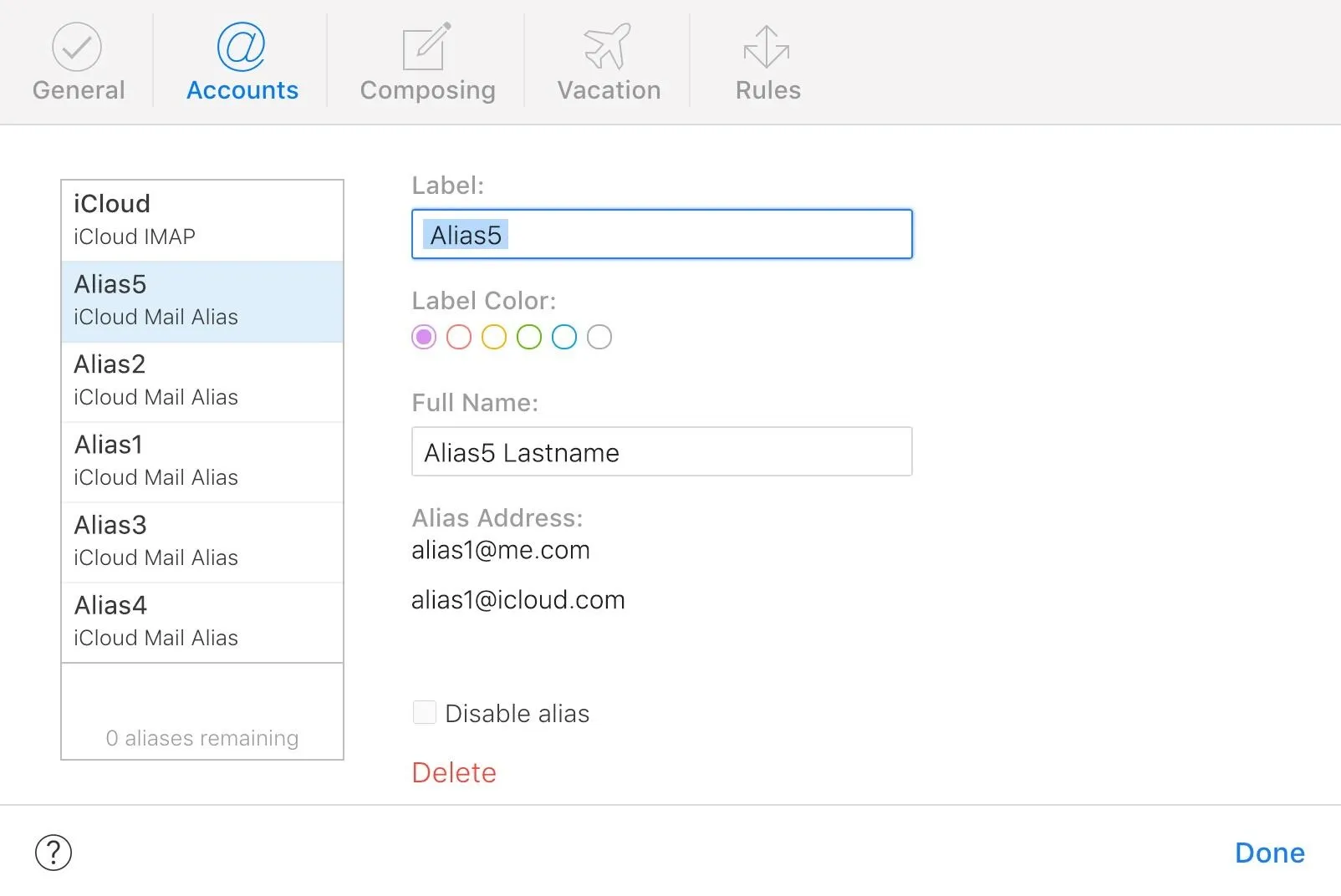 Accounts management interface with labeled entries for iCloud email addresses.