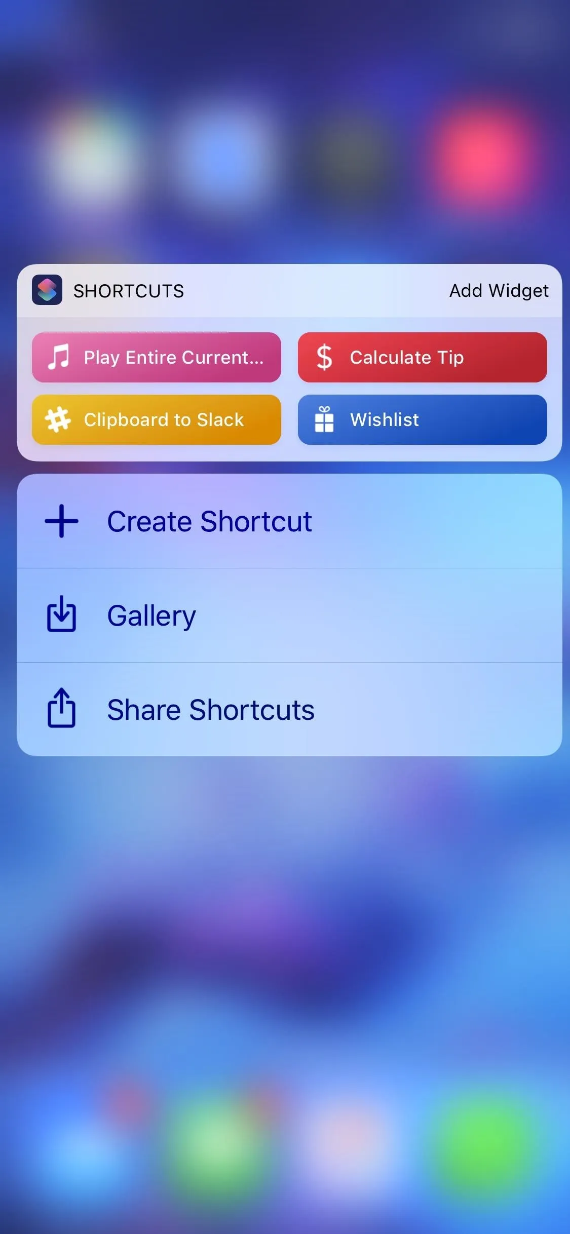 Mobile app shortcut menu with options for adding to favorites, sharing, and creating a shortcut.