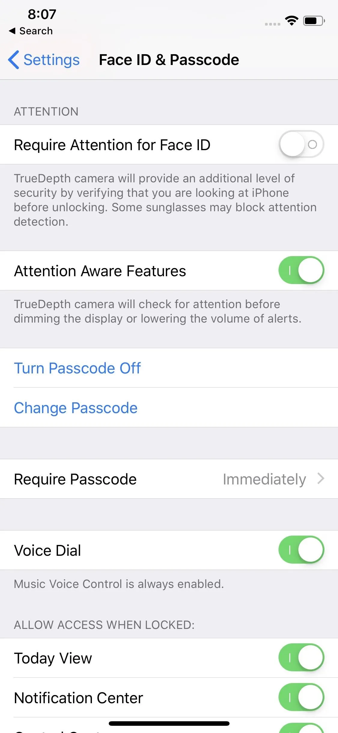 Settings menu for Face ID and Passcode on a smartphone.