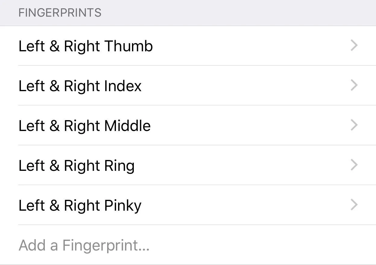 List of fingerprint options for thumb, index, middle, ring, and pinky fingers.