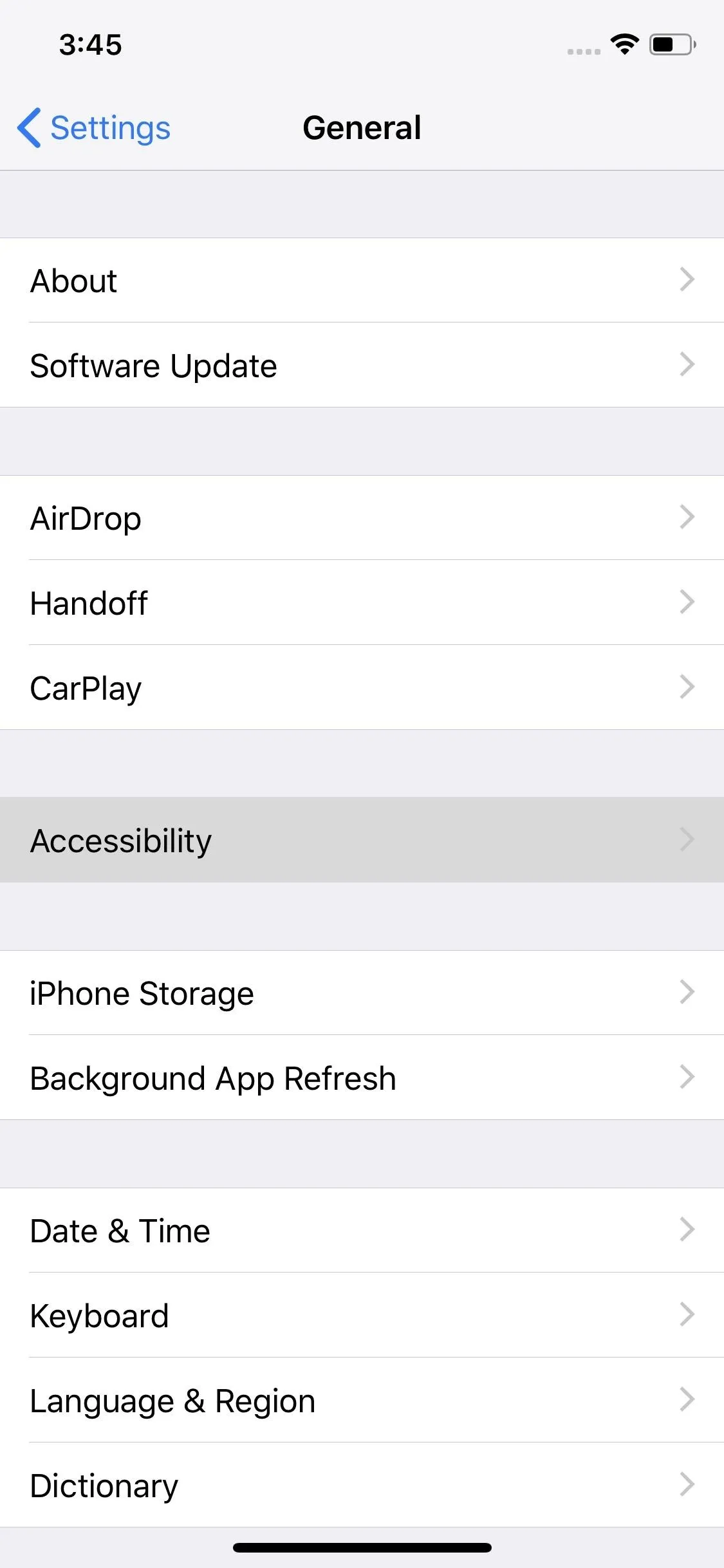 Settings menu on a mobile device displaying various options.