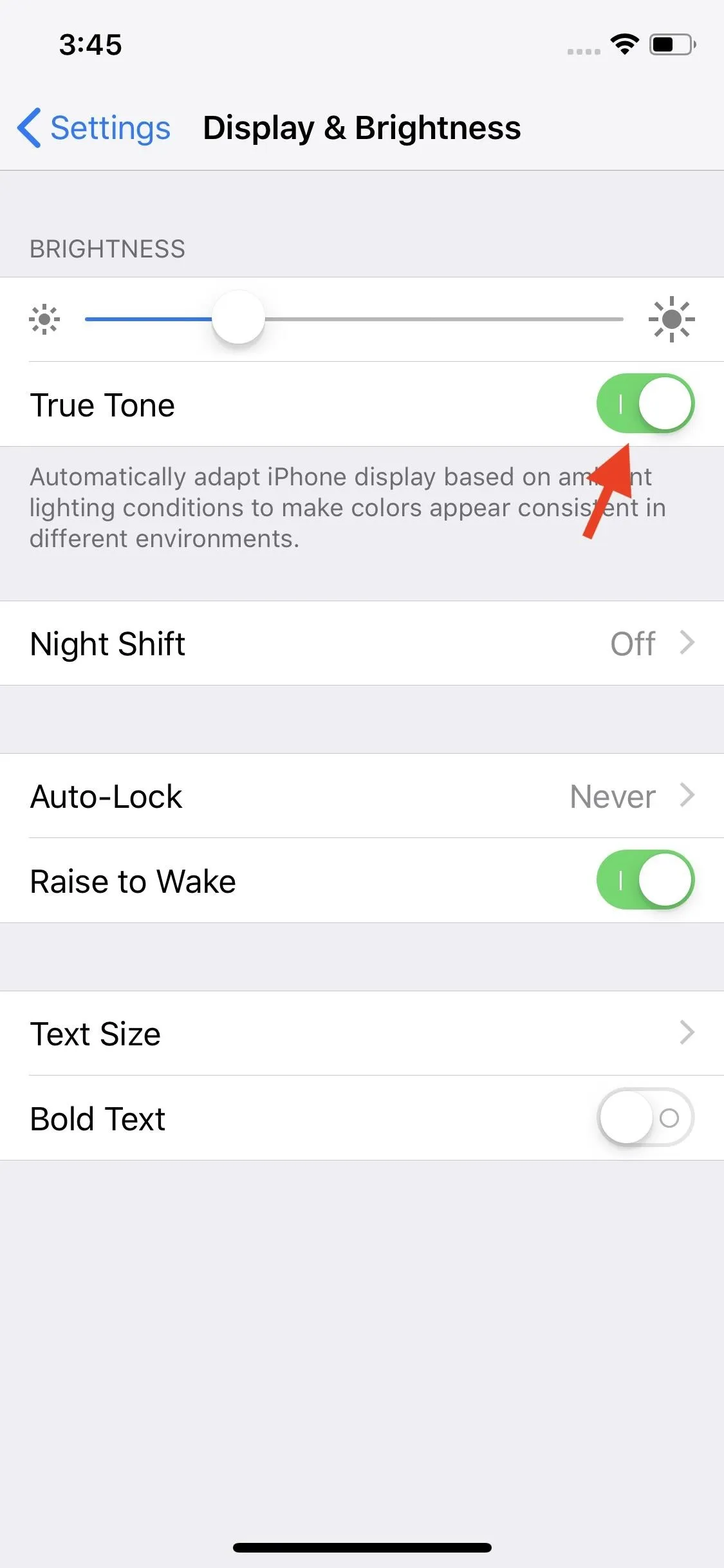 Display settings for True Tone feature on a mobile device.