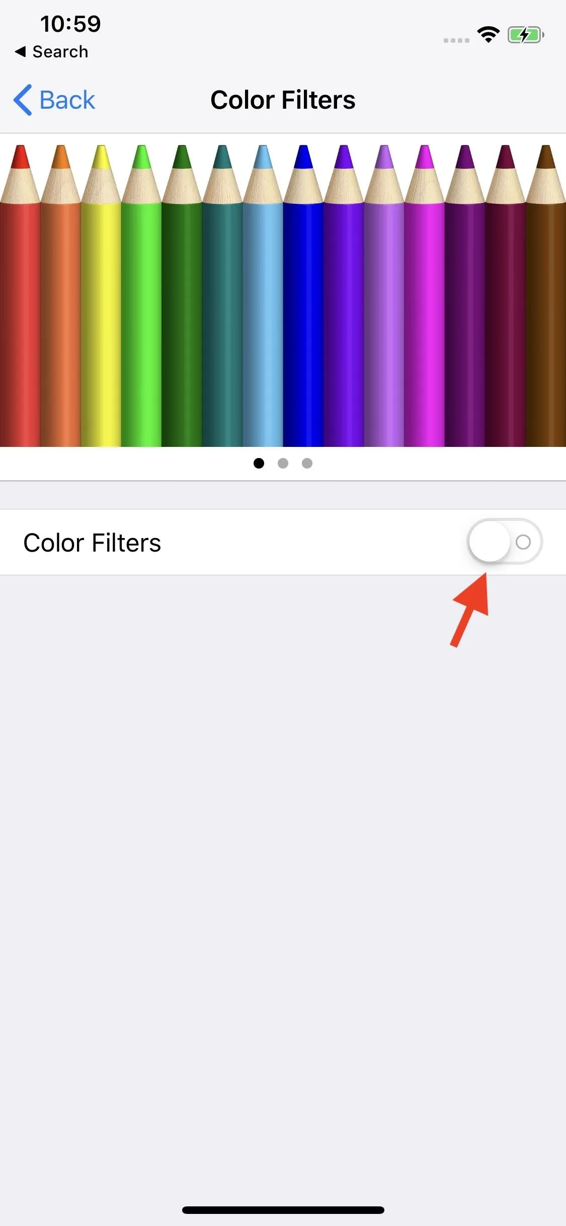 Color filter settings on a mobile device featuring a spectrum of colored pencils.