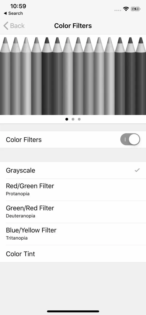 Color filters settings on a mobile device with a color pencil illustration.