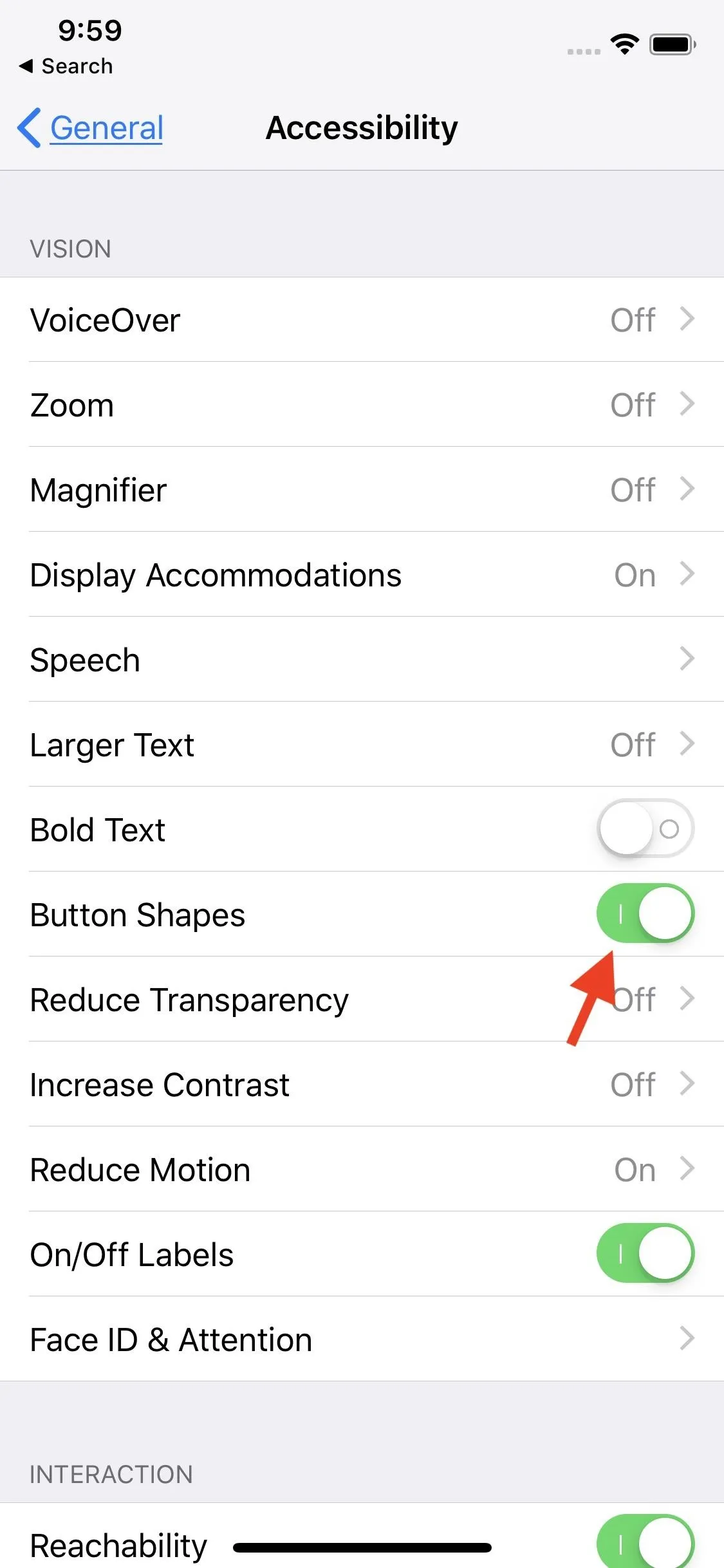 Mobile device accessibility settings screen with options for text size, button shapes, and reducing transparency.