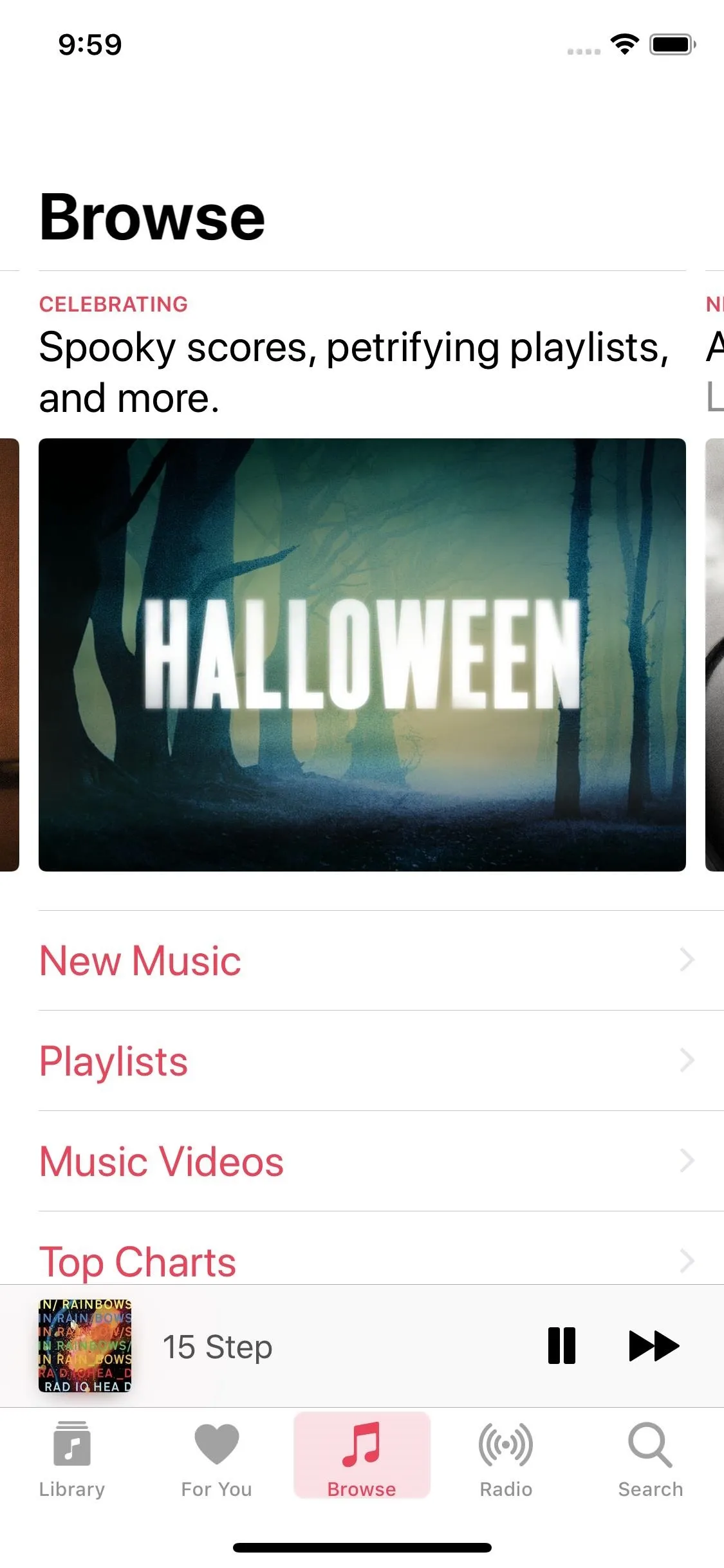 Halloween-themed promotional image on a music browsing app.