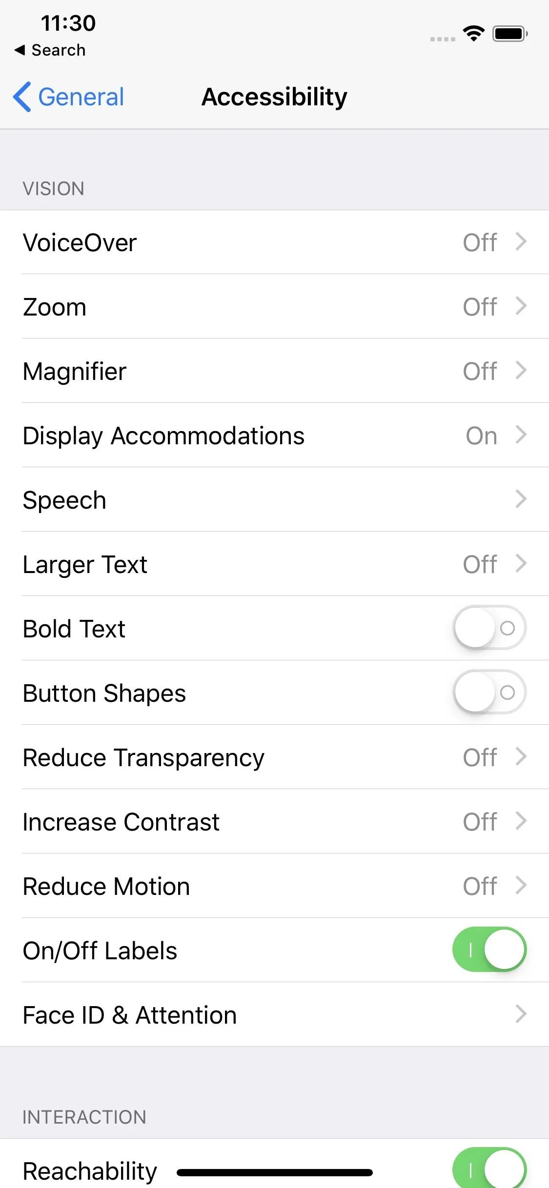 Accessibility settings menu on a smartphone.