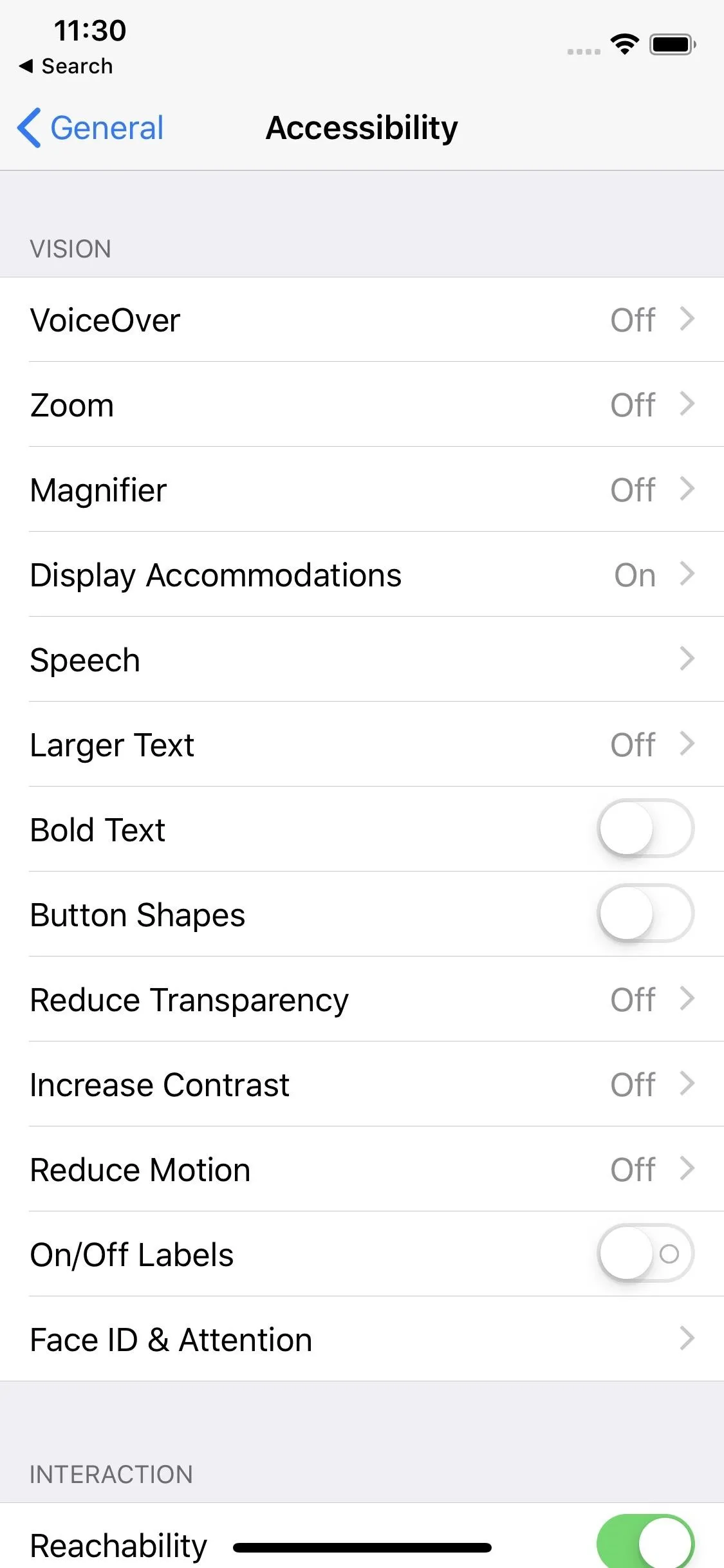 Accessibility settings menu on a smartphone.