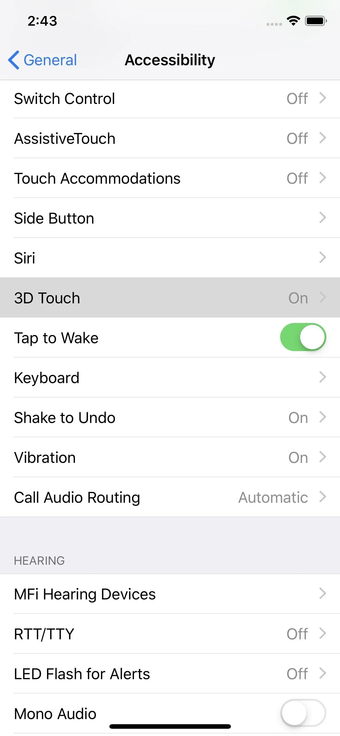 Accessibility settings menu on a smartphone screen.