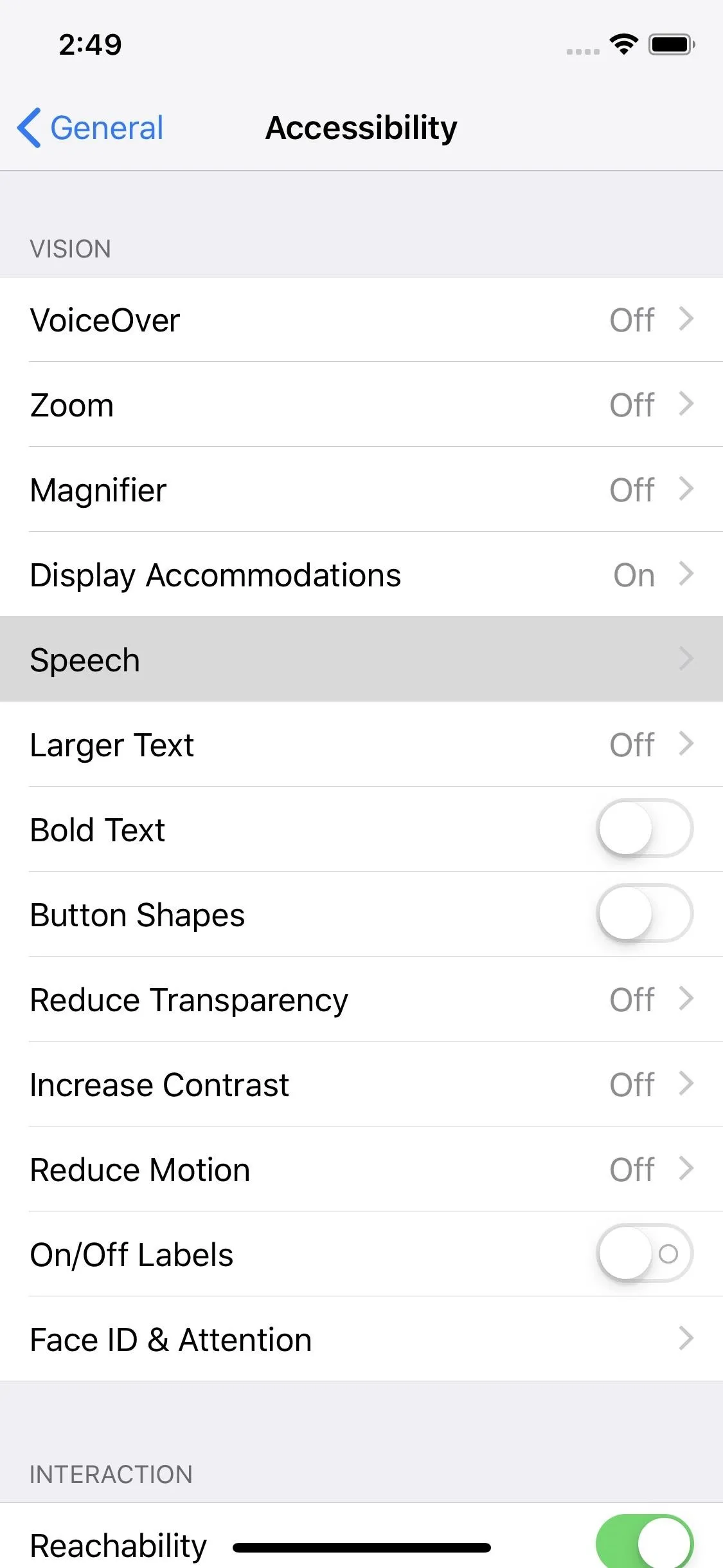 Accessibility settings menu on a smartphone.