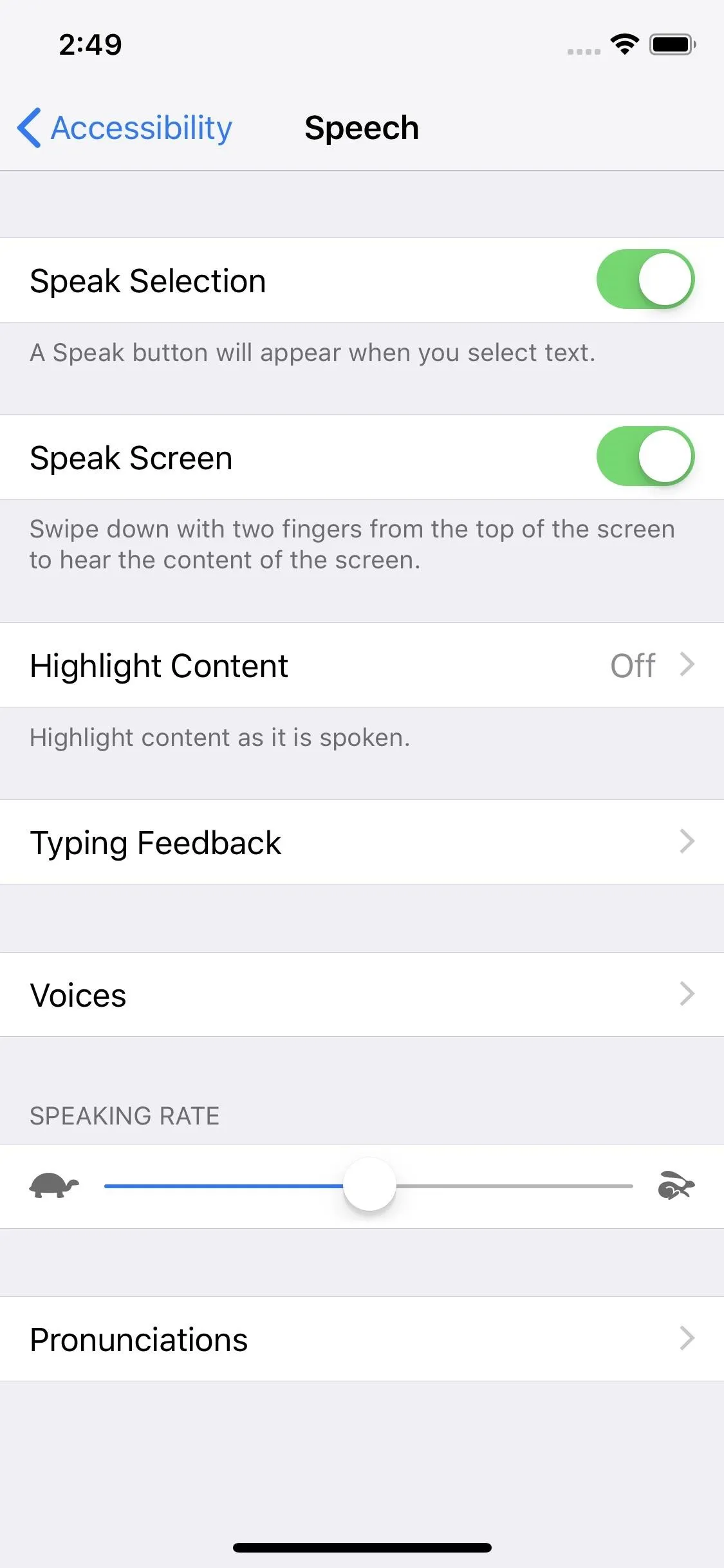 Settings screen for accessibility features on a mobile device.