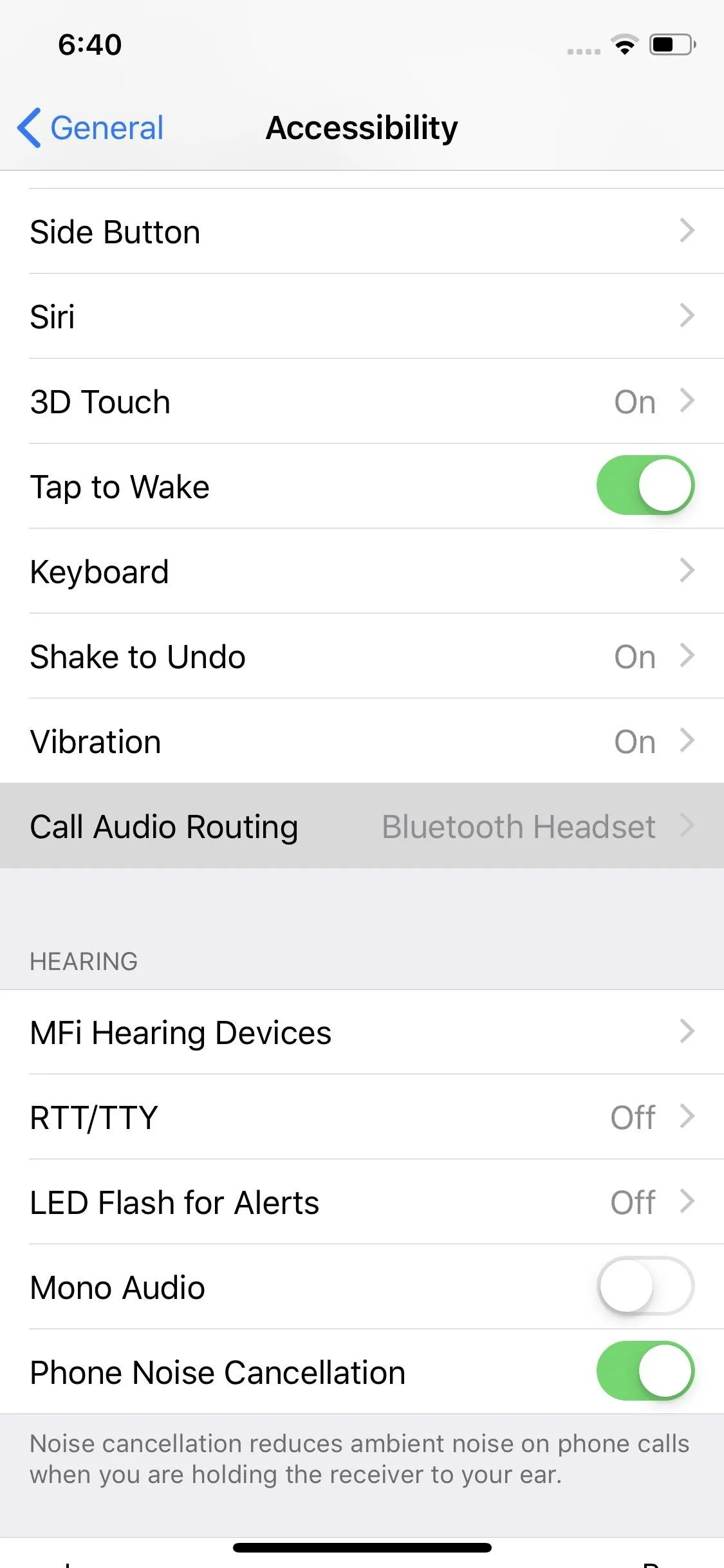 Accessibility settings on a mobile device with options for audio and visual adjustments.