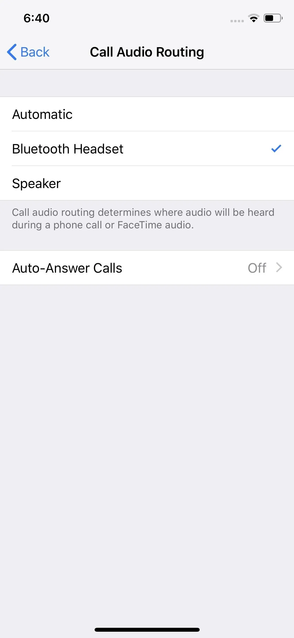 Call audio routing settings on a mobile device.