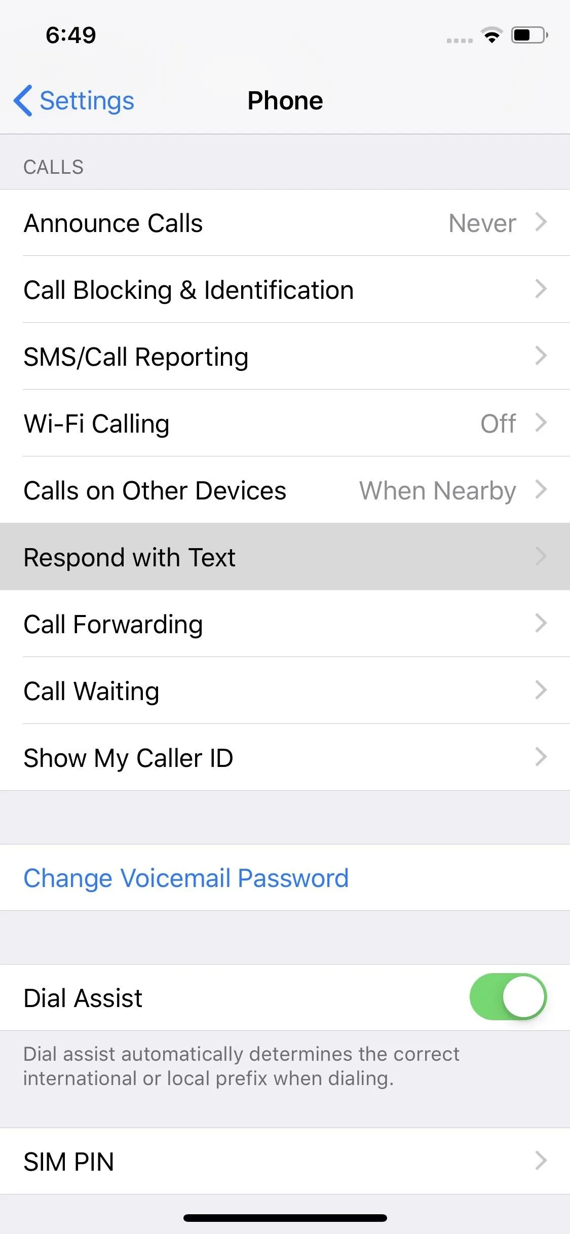 iPhone settings menu for call and identification features.