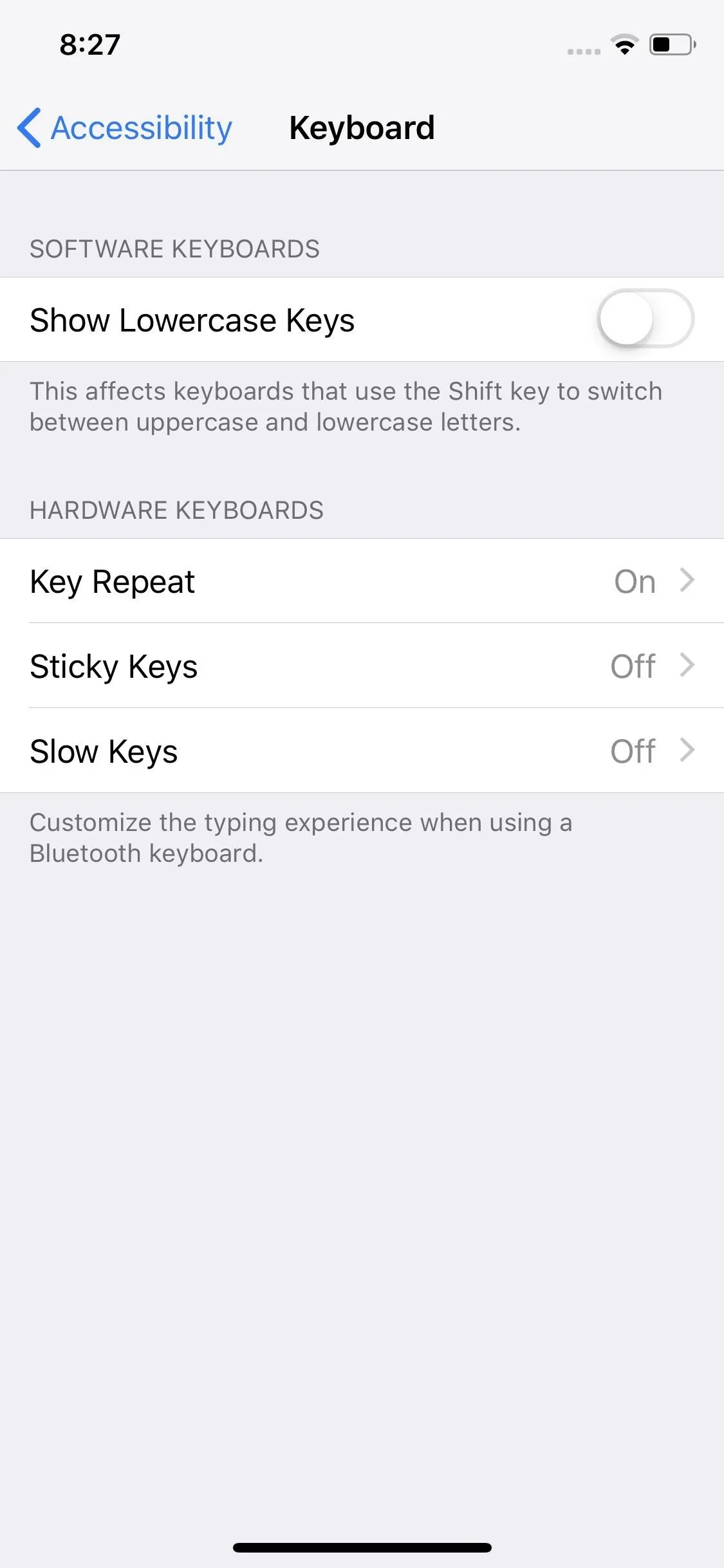 Keyboard settings menu on a mobile device.